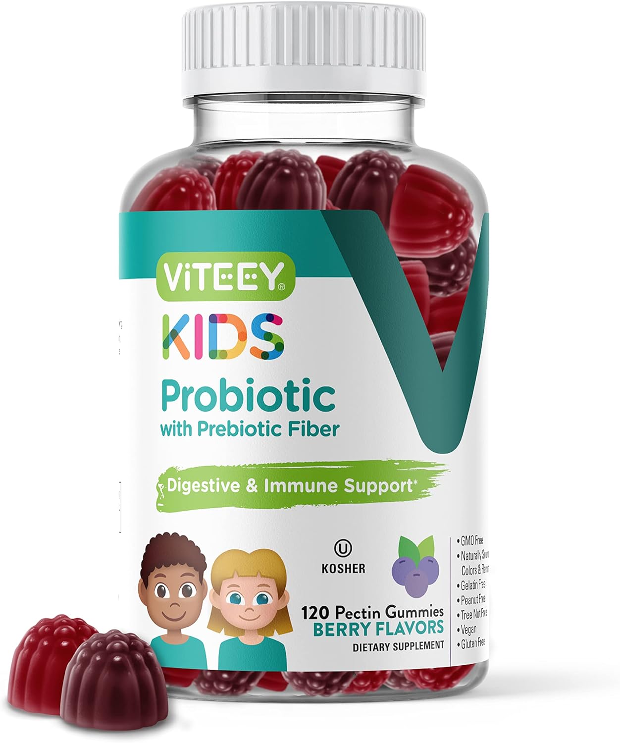 Vegan Probiotic Gummies for Kids with Prebiotics Fiber - 2 Billion CFUs - Digestive Health, Constipation Relief - Berry Flavored Chewable Gummy