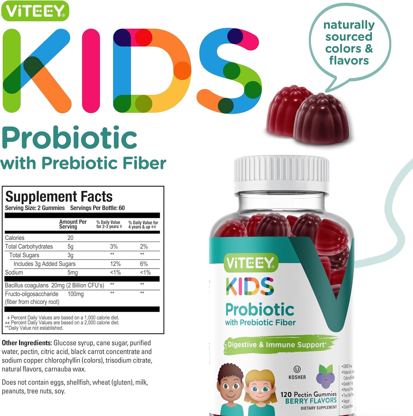Vegan Probiotic Gummies for Kids with Prebiotics Fiber - 2 Billion CFUs - Digestive Health, Constipation Relief - Berry Flavored Chewable Gummy