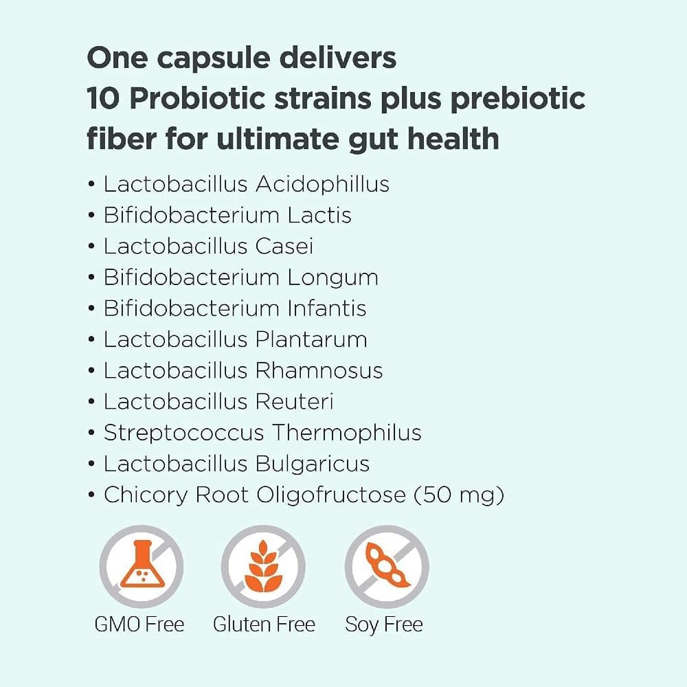 Vegan Probiotic + Prebiotic Supplement Pills with 50 Billion CFU, 10 Strains, Dairy-Free (90 Vege-Capsules)