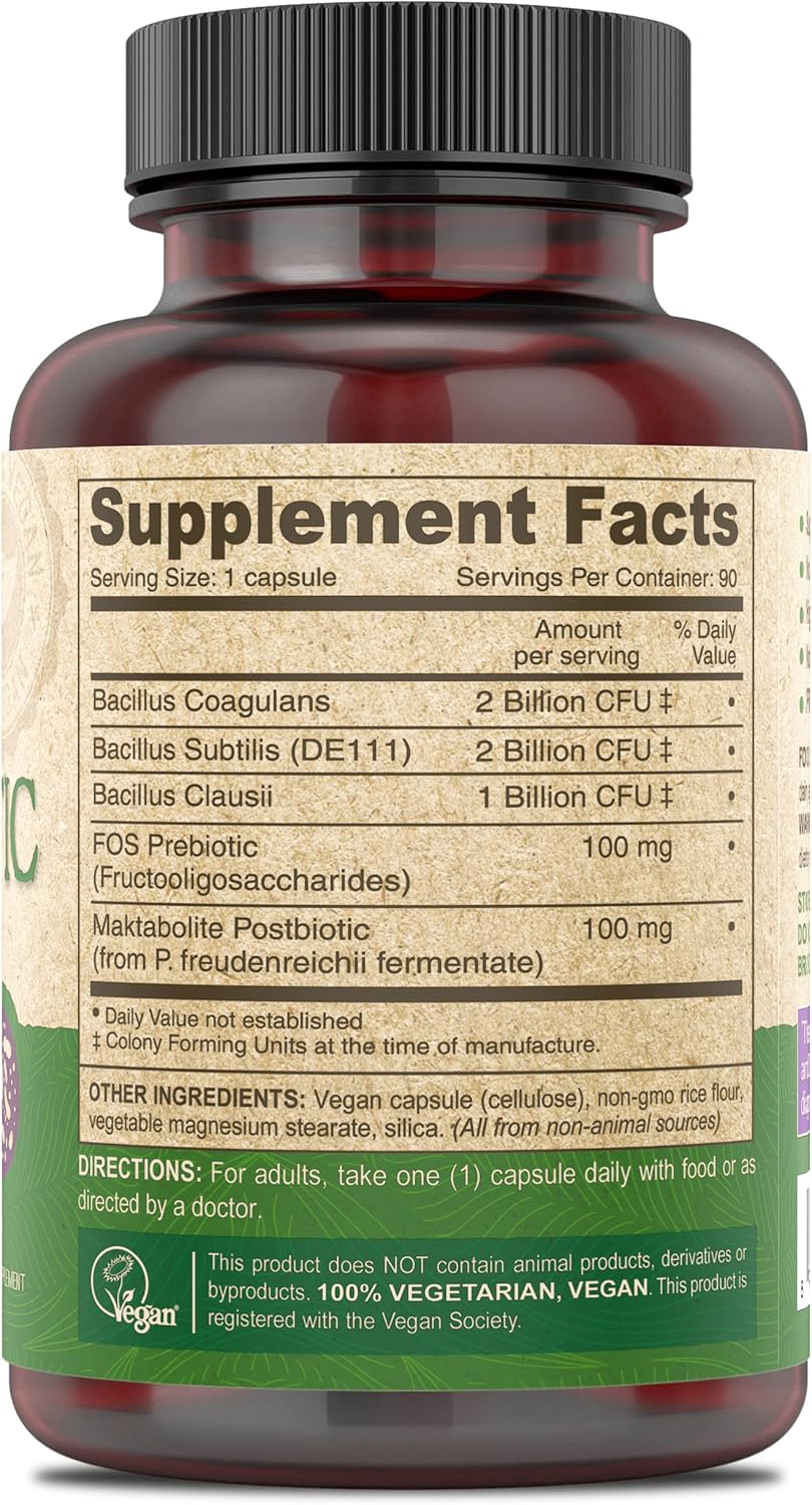 Vegan Probiotic Supplement for Digestive Health - 5 Billion CFU, Soil-Based Capsules with Pre, Pro, and Postbiotics, Dairy Free - 90 Count