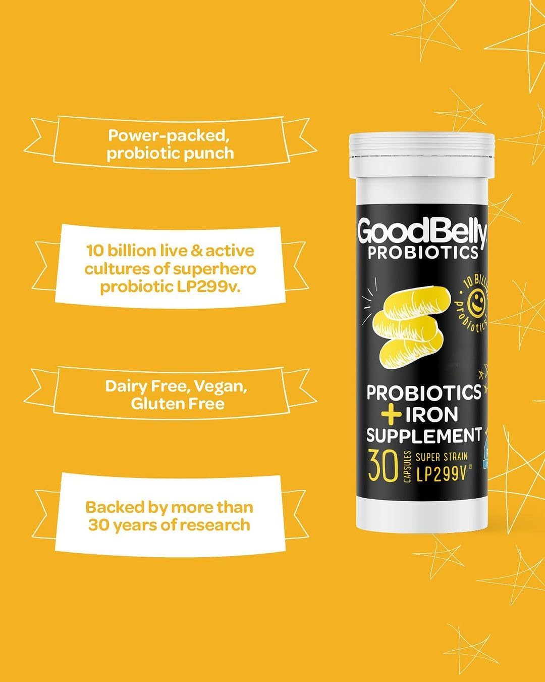 Vegan Probiotic Supplement with 10 Billion Live Cultures for Digestive Health & Iron Absorption - 30 Capsules
