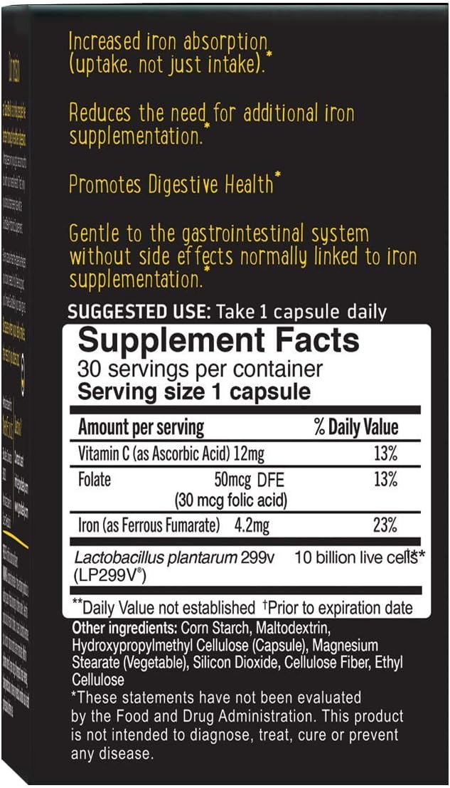 Vegan Probiotic Supplement with 10 Billion Live Cultures for Digestive Health & Iron Absorption - 30 Capsules