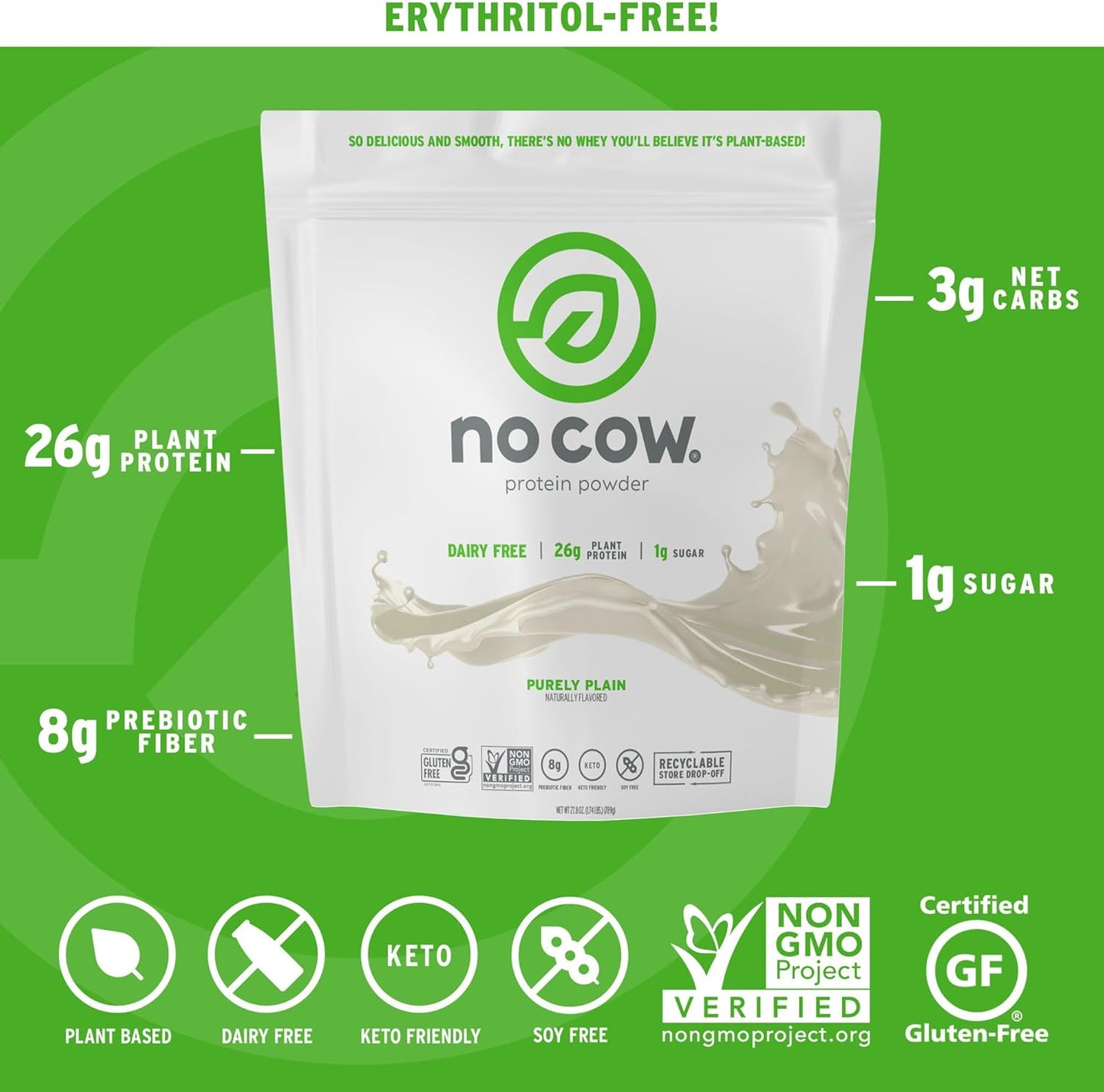 Vegan Protein Powder, Plain Flavor, 26g Plant Protein, Dairy-Free, Soy-Free, Sugar-Free, Keto & Gluten Friendly, Non-GMO, Kosher, 1.74lb Bag