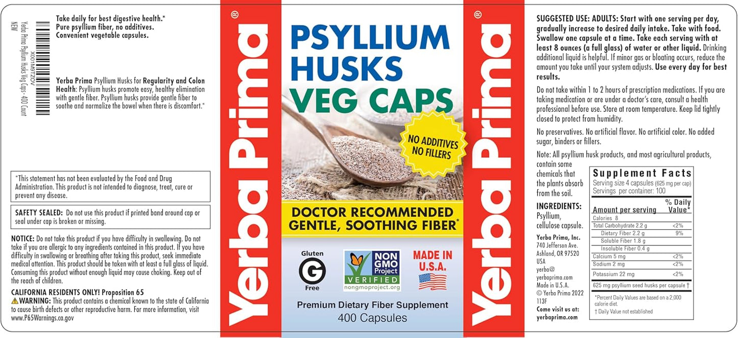 Vegan Psyllium Husk Veg Capsules - 400 Capsules, 625mg - Non-GMO, Gluten Free, Colon Cleansing Fiber Supplement for Gut Health & Regularity
