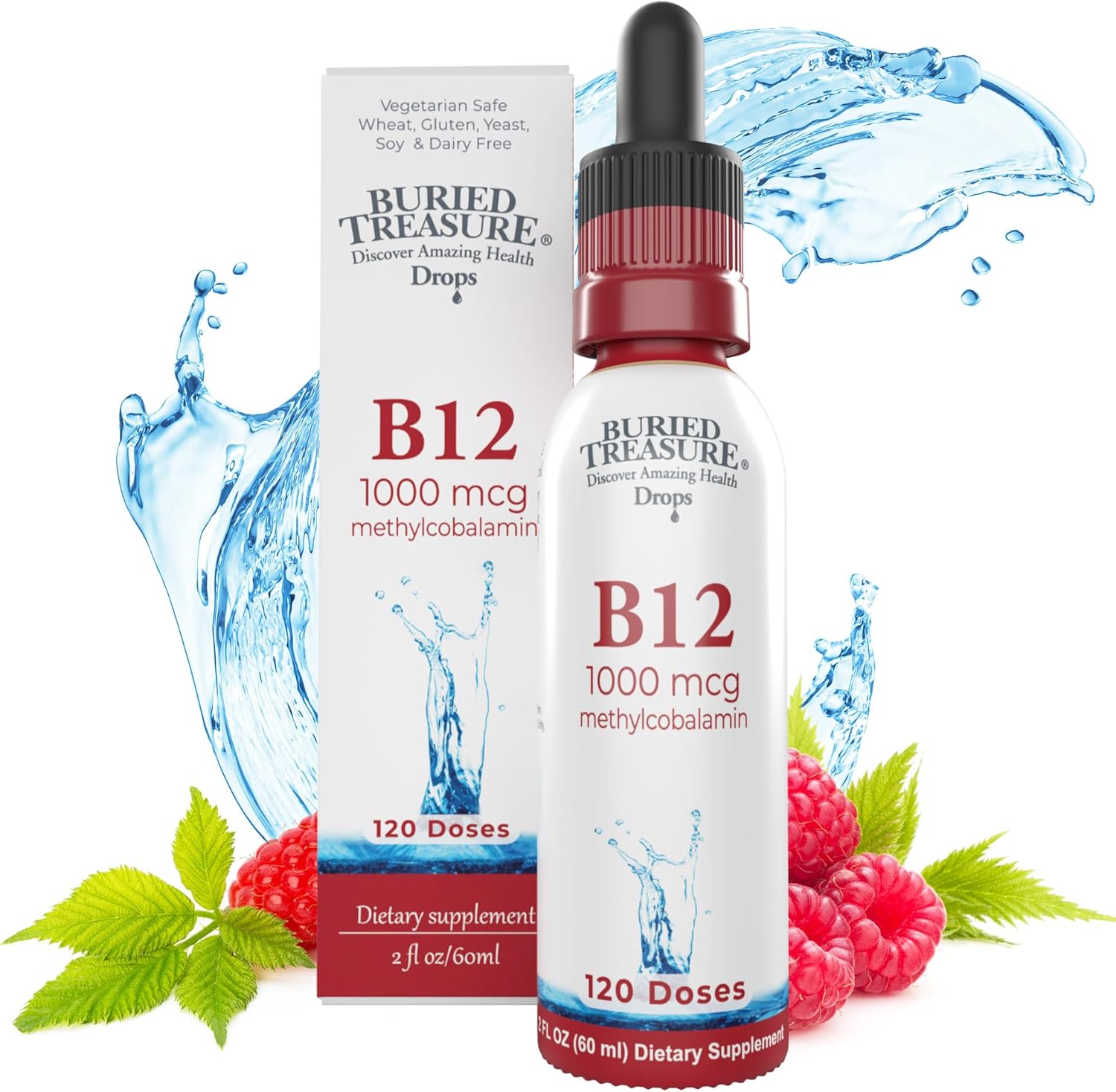 Vegan Raspberry Flavored B12 Drops - 1000mcg Methylcobalamin, 120 Servings, Alcohol-Free, Sublingual, 2 oz Bottle