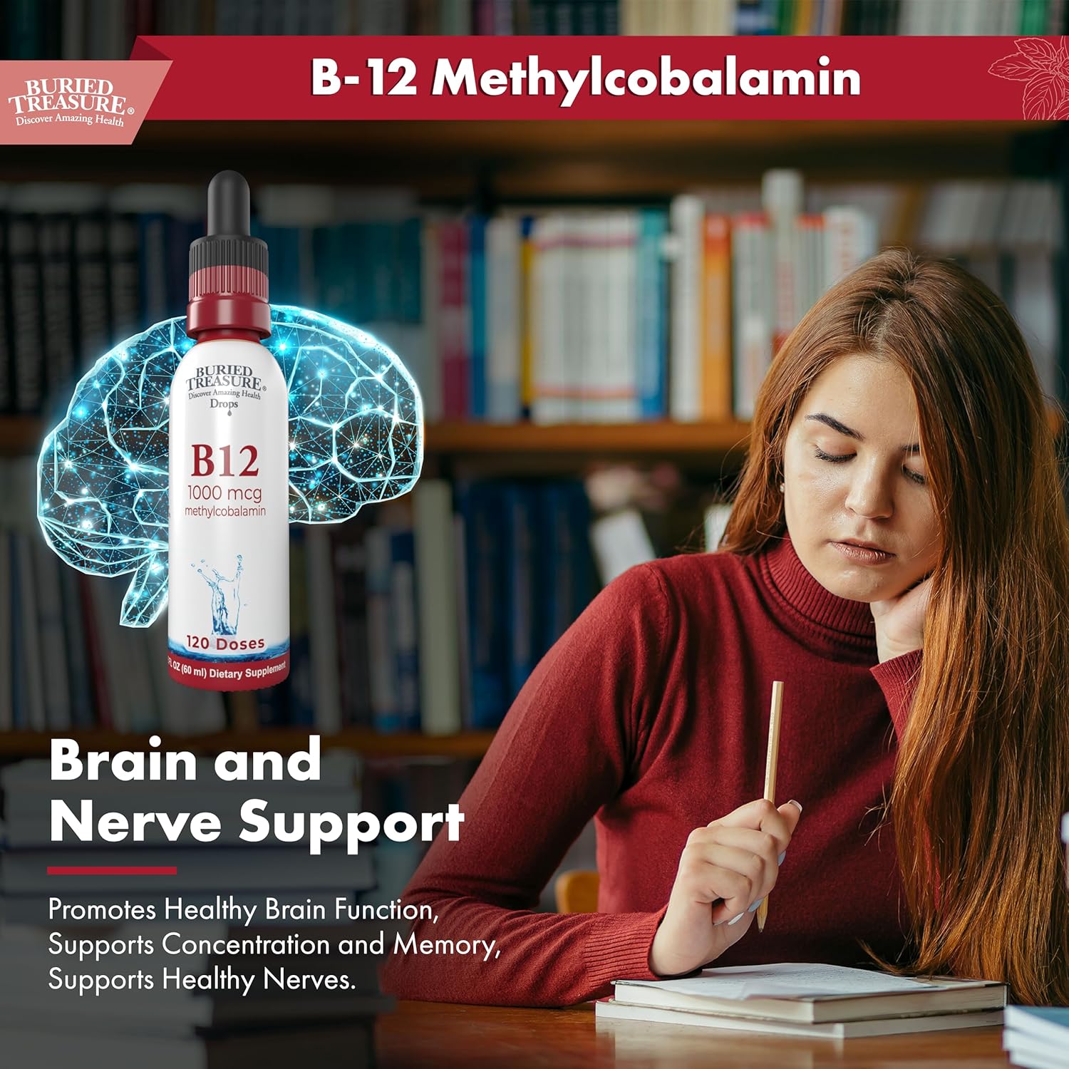 Vegan Raspberry Flavored B12 Drops - 1000mcg Methylcobalamin, 120 Servings, Alcohol-Free, Sublingual, 2 oz Bottle