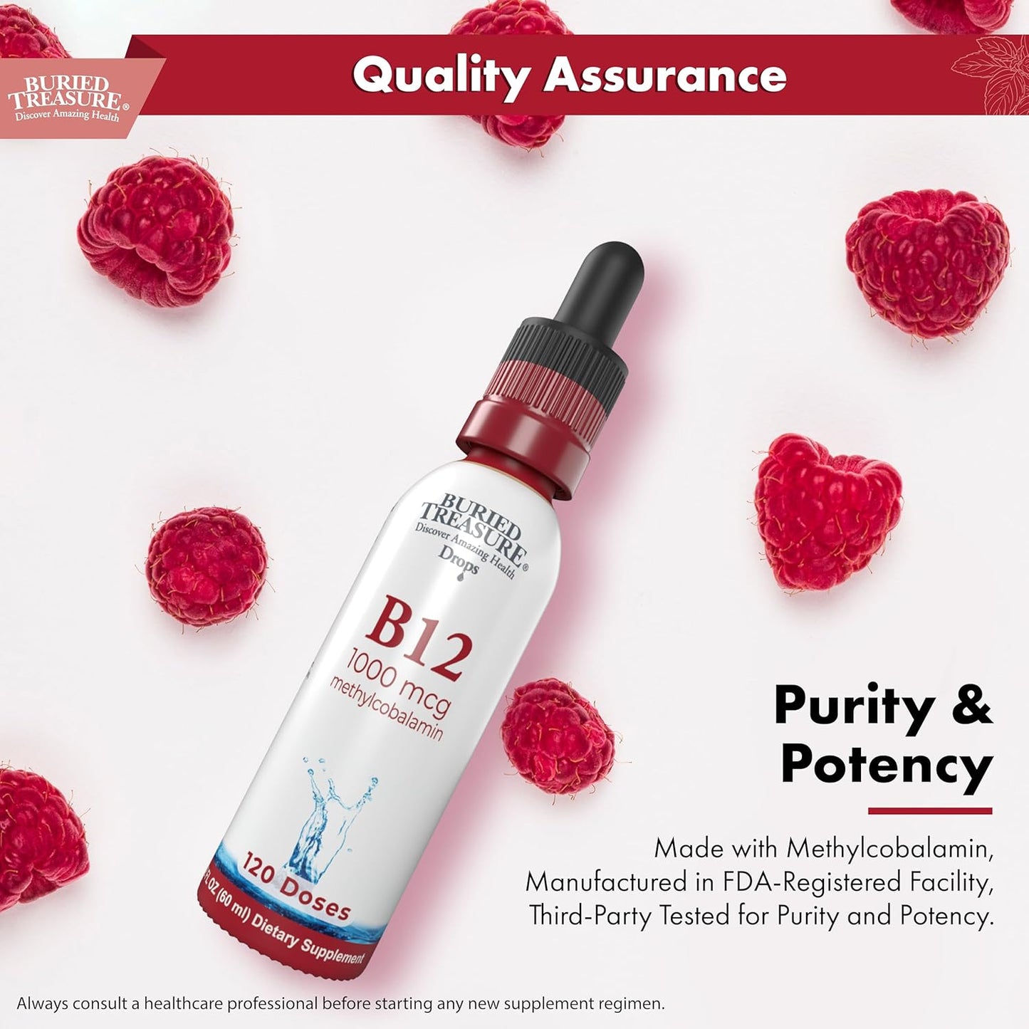 Vegan Raspberry Flavored B12 Drops - 1000mcg Methylcobalamin, 120 Servings, Alcohol-Free, Sublingual, 2 oz Bottle
