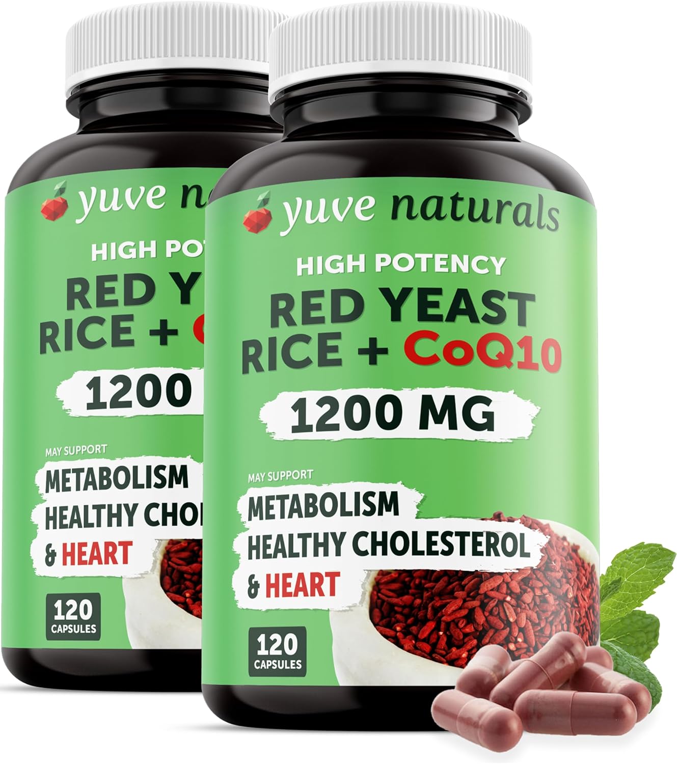 Vegan Red Yeast Rice Capsules with CoQ10 - Support Heart Health & Cholesterol Levels - 240 Ct (2-Pack)