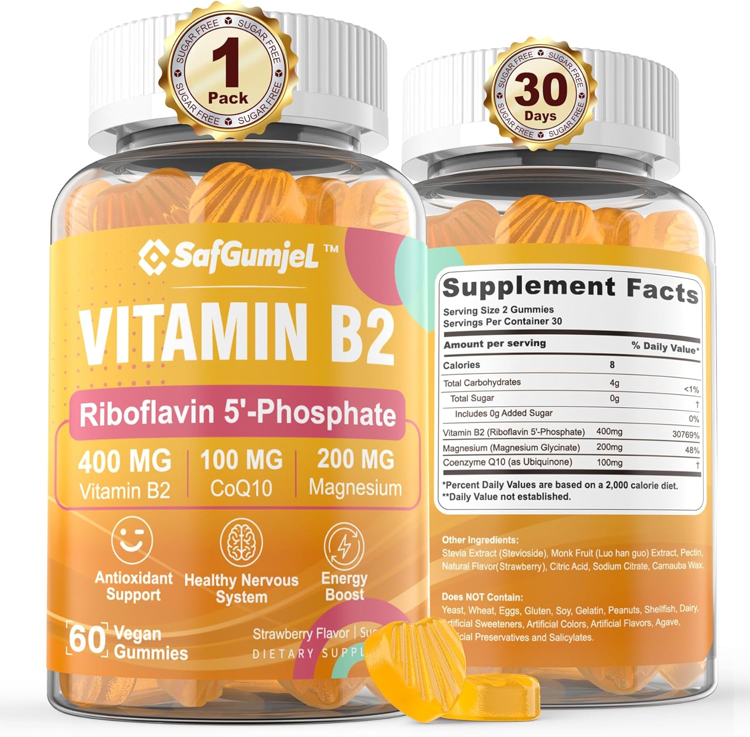 Vegan Riboflavin Gummies 400mg with CoQ10 for Energy and Cellular Health, Sugar Free B2 Vitamin Supplement with Magnesium for Nervous System Support