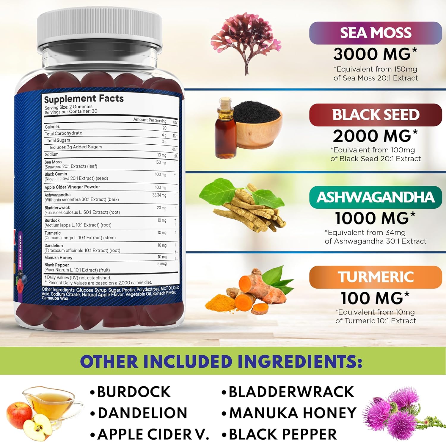 Vegan Sea Moss Gummies with Black Seed, Ashwagandha, Turmeric, Manuka Honey, ACV, Dandelion, Black Pepper, Burdock, Bladderwrack - 180 Count