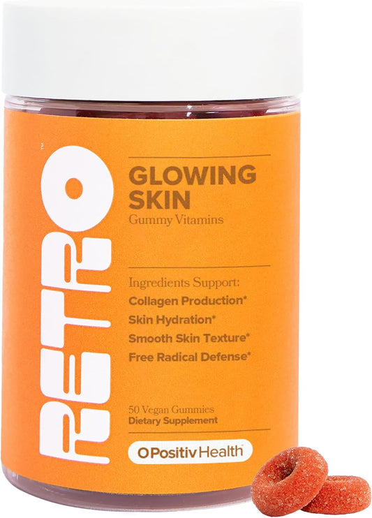 Vegan Skin Vitamin Gummies for Collagen Production & Hydration - Glow-Boosting Formula with Astaxanthin, Vitamin E, Bamboo Extract, Hibiscus, & Vitamin C - Retro Gummy Skin Vitamins, 50 Count