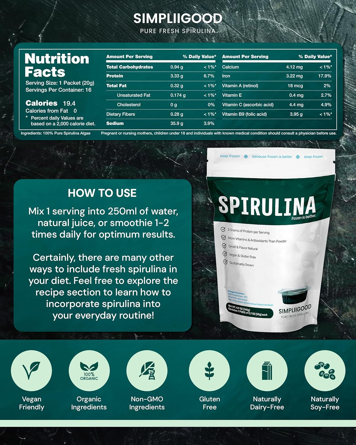 Vegan Spirulina Pods - High Protein, Vitamin-Rich Superfood Cubes for Smoothies - Gluten-Free Nutrient Powerhouse (1.120 kg)