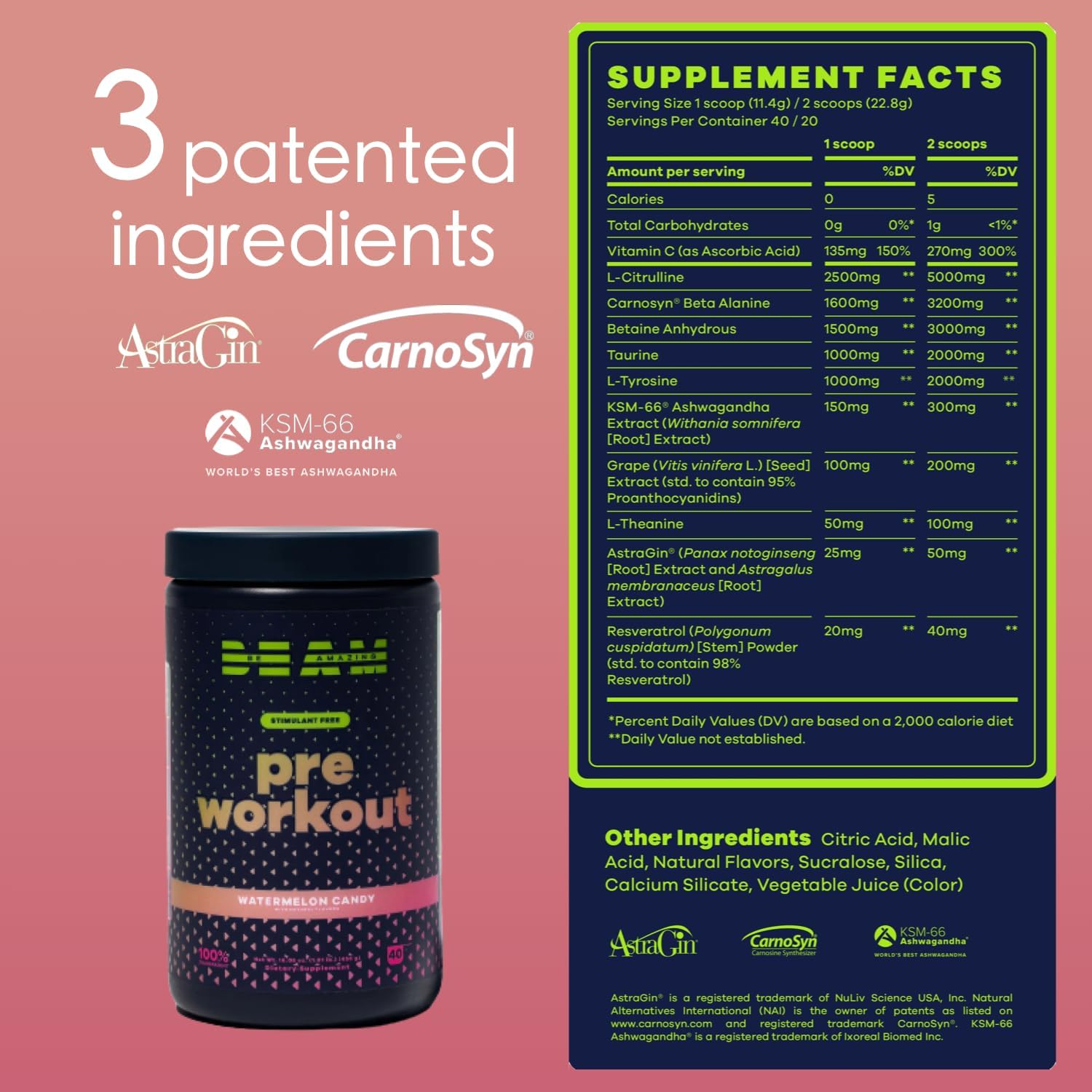 Vegan Stimulant-Free Pre-Workout Powder for Energy Boost | Gluten-Free Adaptogenic Drink - Watermelon Candy Flavor, 30 Servings