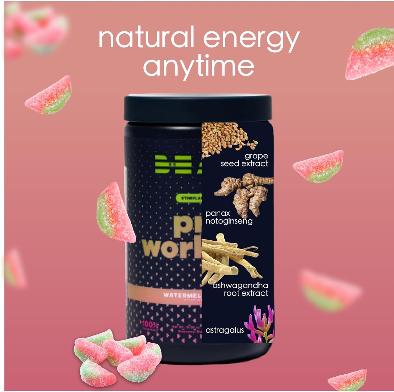 Vegan Stimulant-Free Pre-Workout Powder for Energy Boost | Gluten-Free Adaptogenic Drink - Watermelon Candy Flavor, 30 Servings