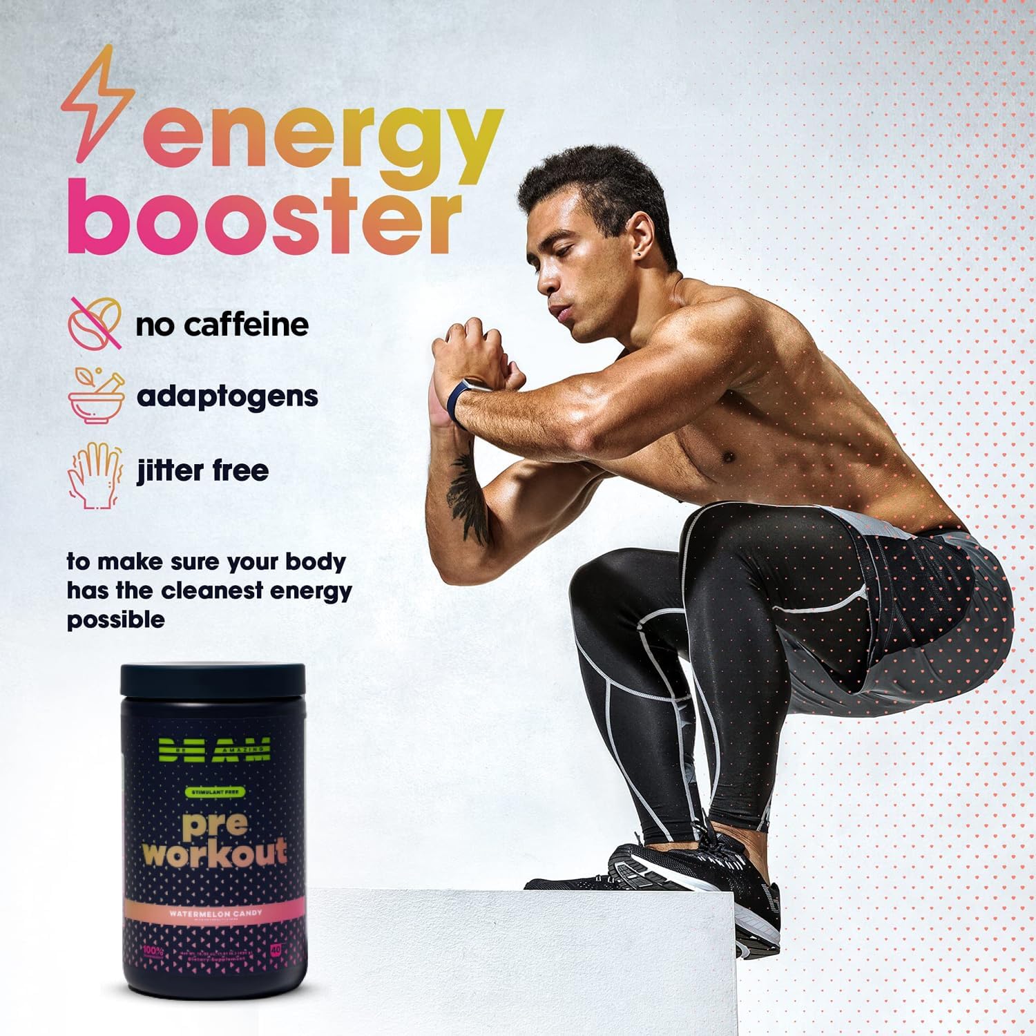 Vegan Stimulant-Free Pre-Workout Powder for Energy Boost | Gluten-Free Adaptogenic Drink - Watermelon Candy Flavor, 30 Servings
