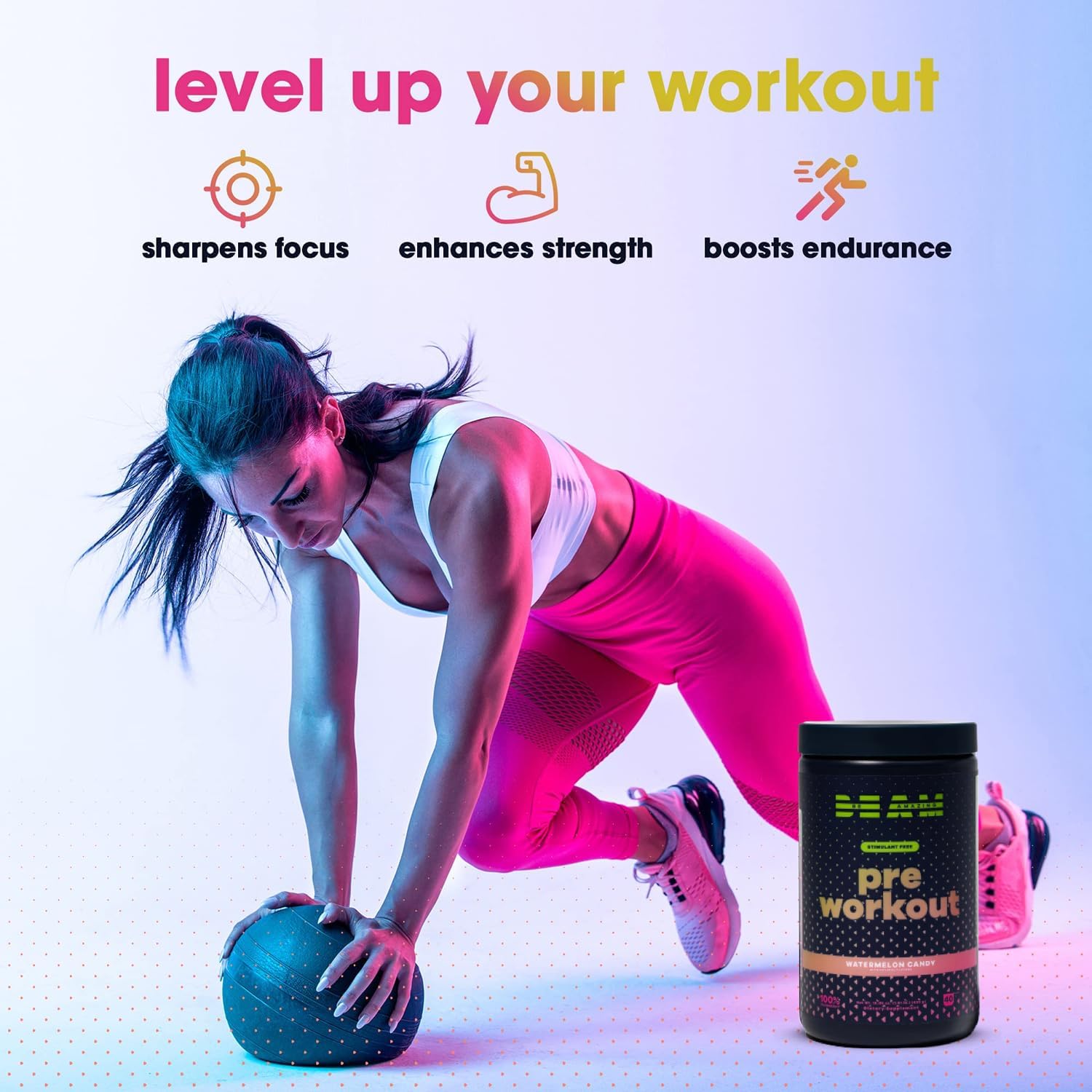 Vegan Stimulant-Free Pre-Workout Powder for Energy Boost | Gluten-Free Adaptogenic Drink - Watermelon Candy Flavor, 30 Servings