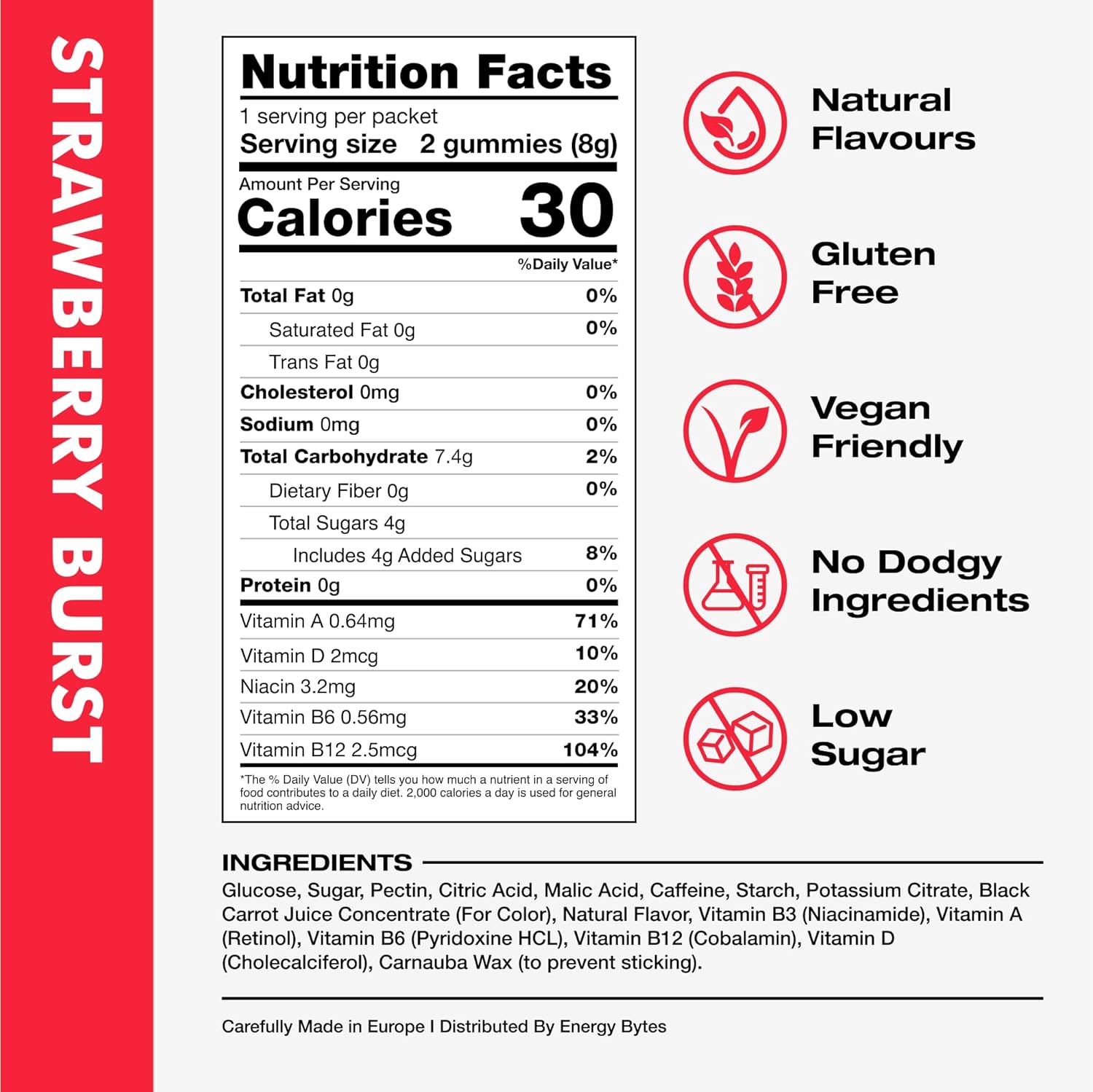Vegan Strawberry Burst Energy Gummies for Running and Cycling | Low Sugar Caffeine Chews for Sports Performance | 12-Pack