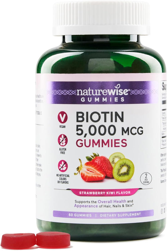 Vegan Strawberry-Kiwi Biotin Gummies - Hair, Skin, and Nails Supplement - 5000mcg Vitamin B7 - Gluten-Free - Natural Beauty Support - 60 Count