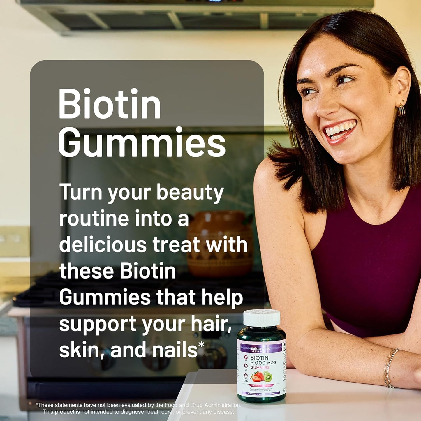 Vegan Strawberry-Kiwi Biotin Gummies - Hair, Skin, and Nails Supplement - 5000mcg Vitamin B7 - Gluten-Free - Natural Beauty Support - 60 Count