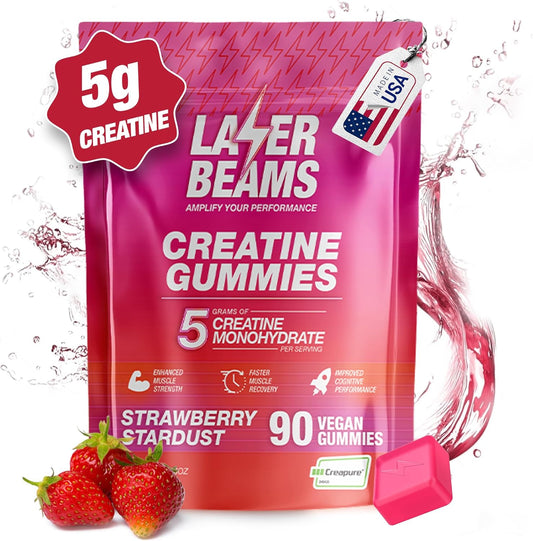 Vegan Strawberry Stardust Laser Beams Creatine Monohydrate Gummies - 5g Creapure Creatine - Muscle Strength, Endurance, Recovery, Mental Focus - 90 Gummies, Gluten-Free