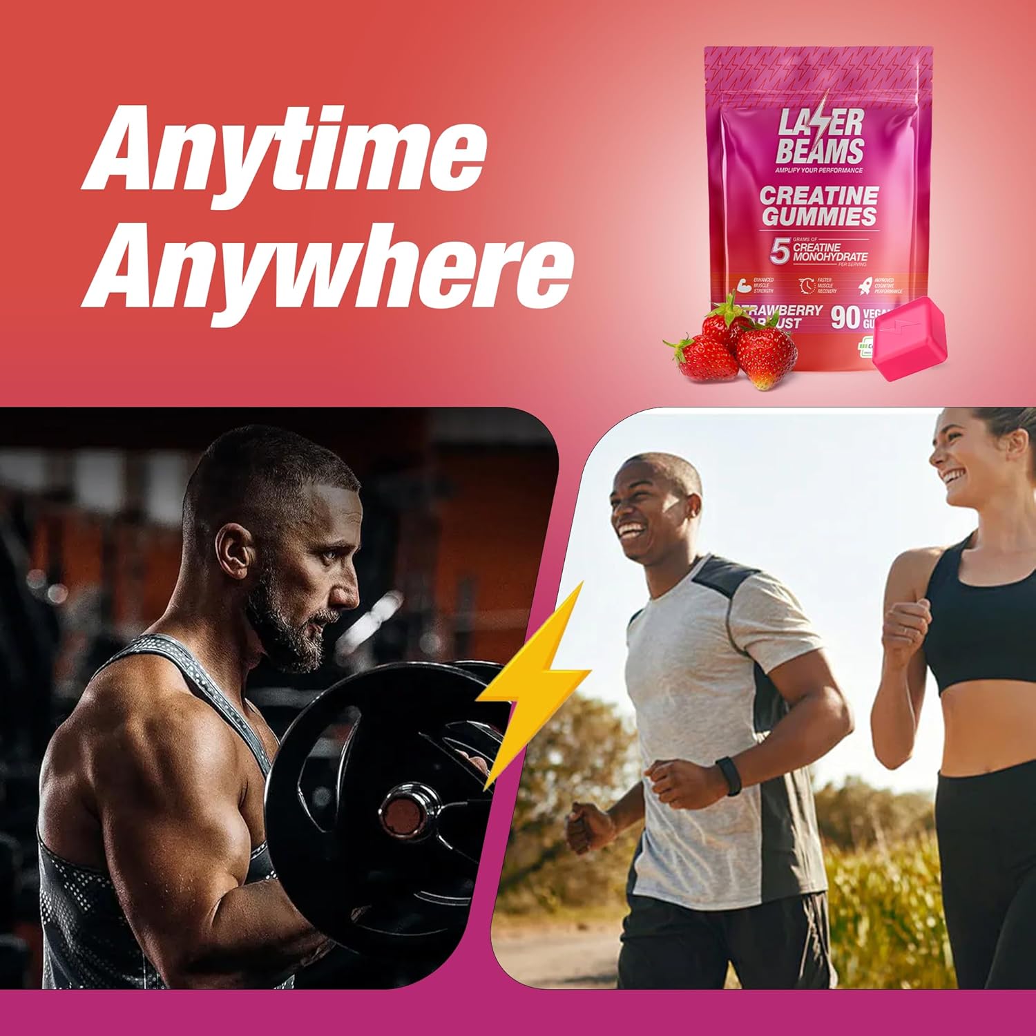 Vegan Strawberry Stardust Laser Beams Creatine Monohydrate Gummies - 5g Creapure Creatine - Muscle Strength, Endurance, Recovery, Mental Focus - 90 Gummies, Gluten-Free
