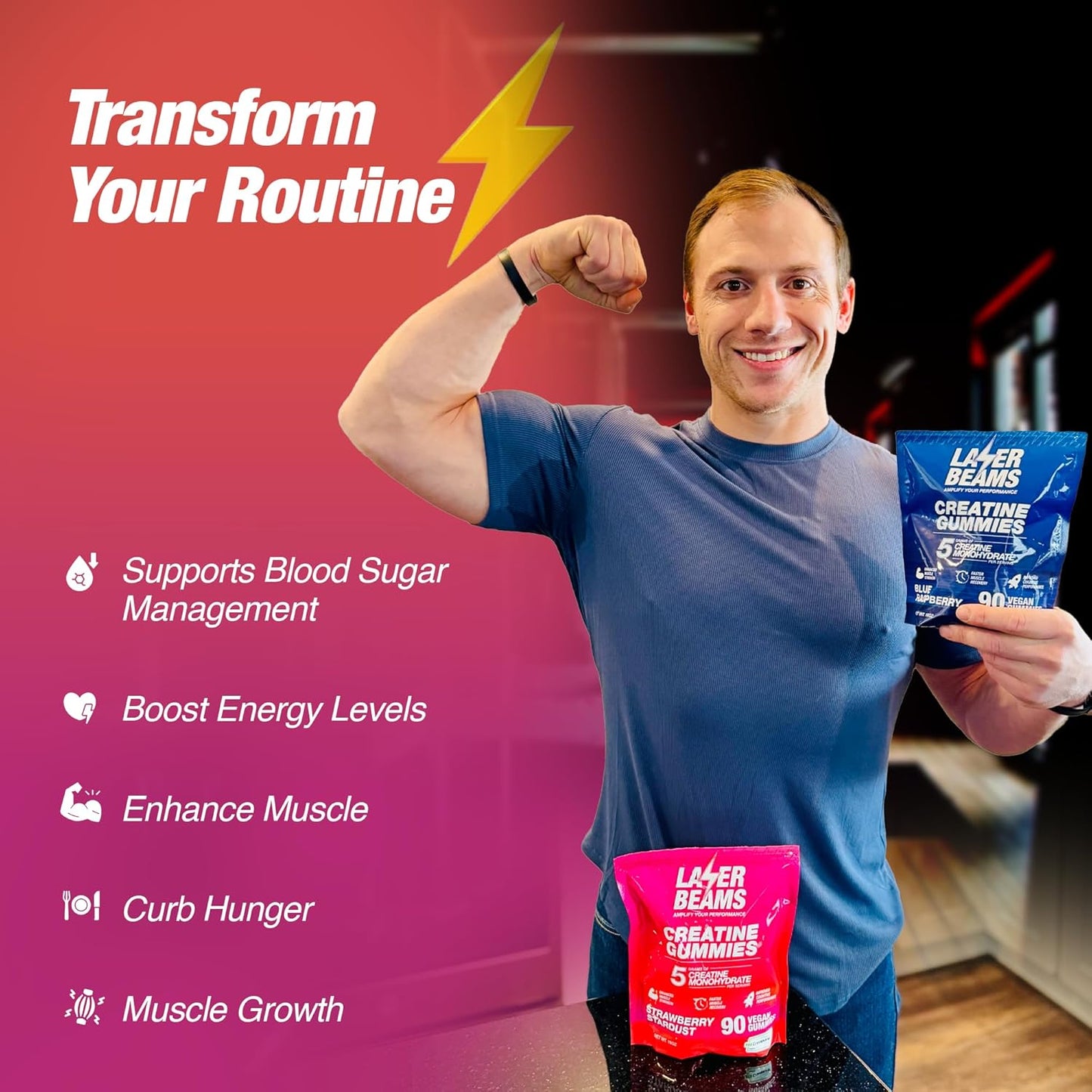 Vegan Strawberry Stardust Laser Beams Creatine Monohydrate Gummies - 5g Creapure Creatine - Muscle Strength, Endurance, Recovery, Mental Focus - 90 Gummies, Gluten-Free