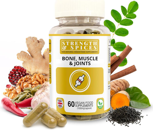Vegan Strength & Spices 1000mg Capsules with 28 Natural Ingredients for Bone, Muscle & Joint Health - UK Made Mobility and Flexibility Support