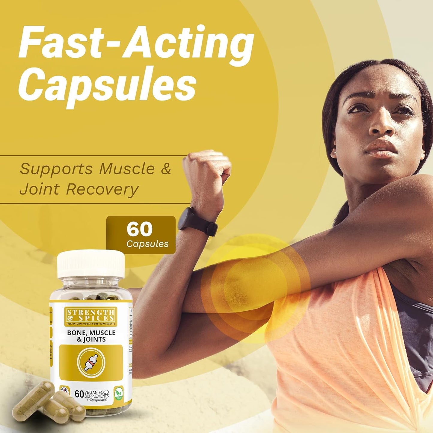 Vegan Strength & Spices 1000mg Capsules with 28 Natural Ingredients for Bone, Muscle & Joint Health - UK Made Mobility and Flexibility Support