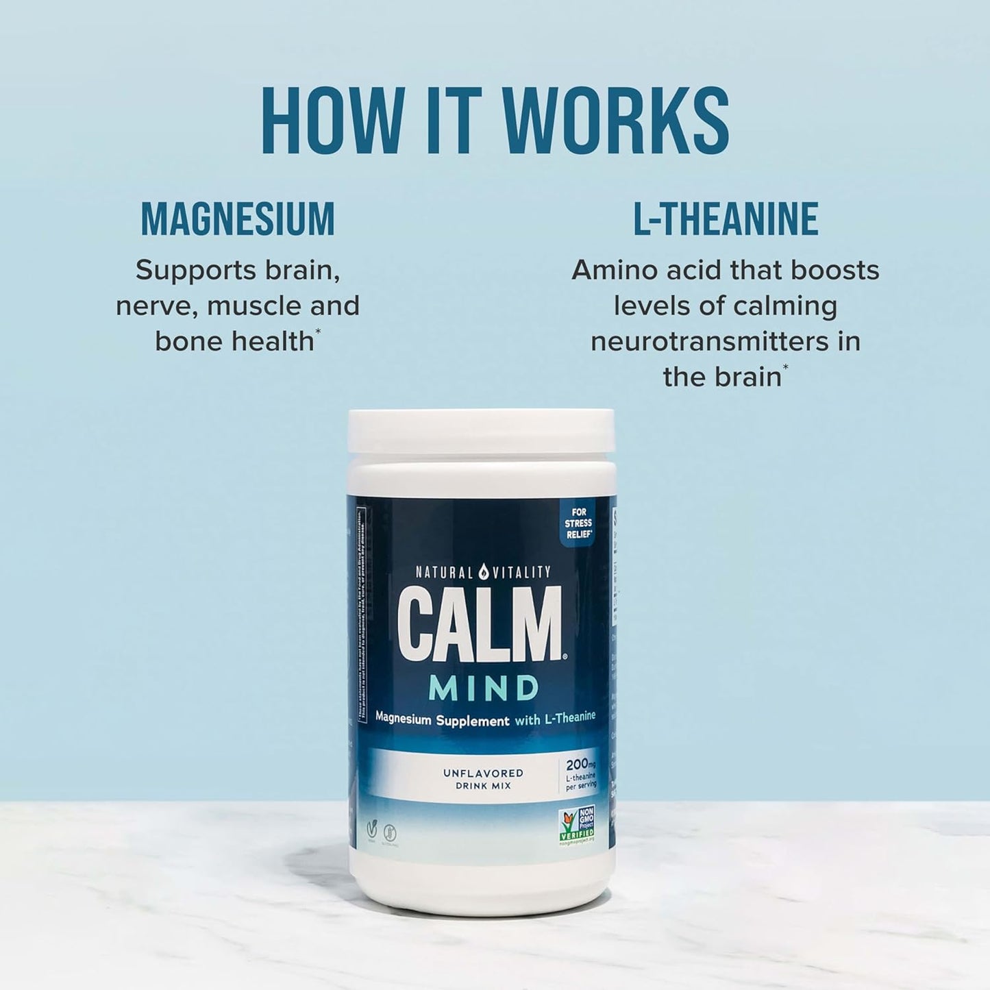 Vegan Stress Relief Supplement: Natural Vitality Calm Mind Powder with Magnesium Citrate + L-Theanine - 12 oz, Gluten Free