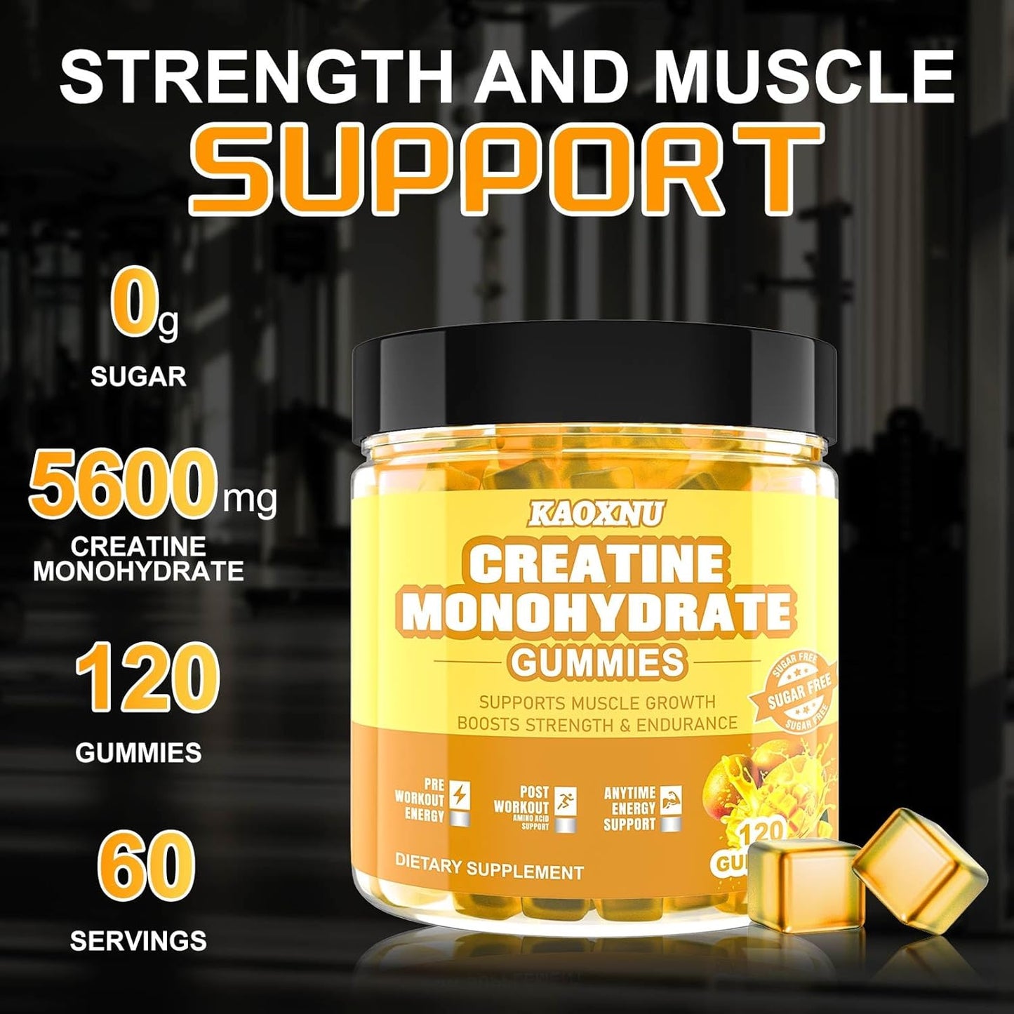 Vegan Sugar-Free Mango Creatine Gummies 5600mg - Muscle Support & Energy Boost - 120 CT Chewables for Men & Women - 5.6g Creatine Monohydrate/serving