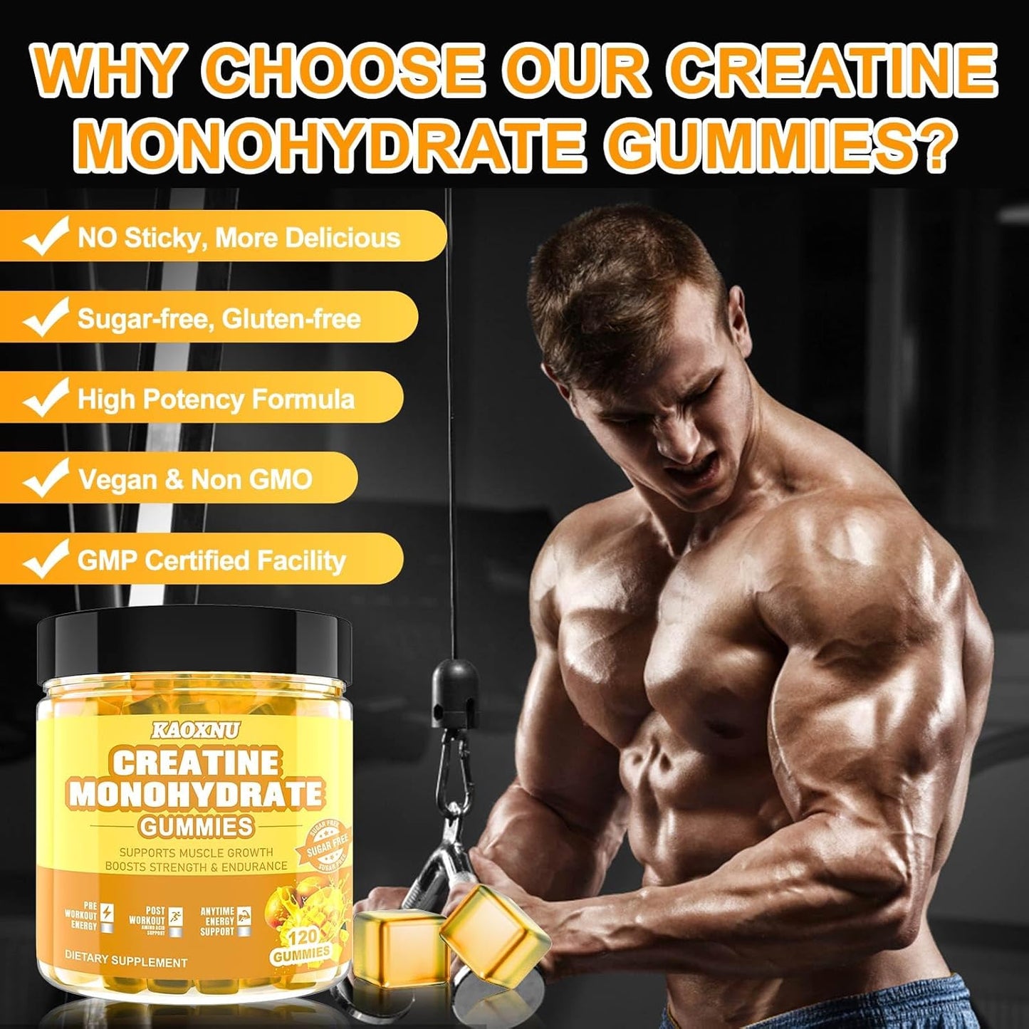 Vegan Sugar-Free Mango Creatine Gummies 5600mg - Muscle Support & Energy Boost - 120 CT Chewables for Men & Women - 5.6g Creatine Monohydrate/serving