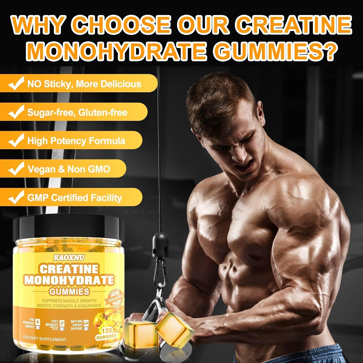 Vegan Sugar-Free Mango Creatine Gummies 5600mg - Muscle Support & Energy Boost - 120 CT Chewables for Men & Women - 5.6g Creatine Monohydrate/serving