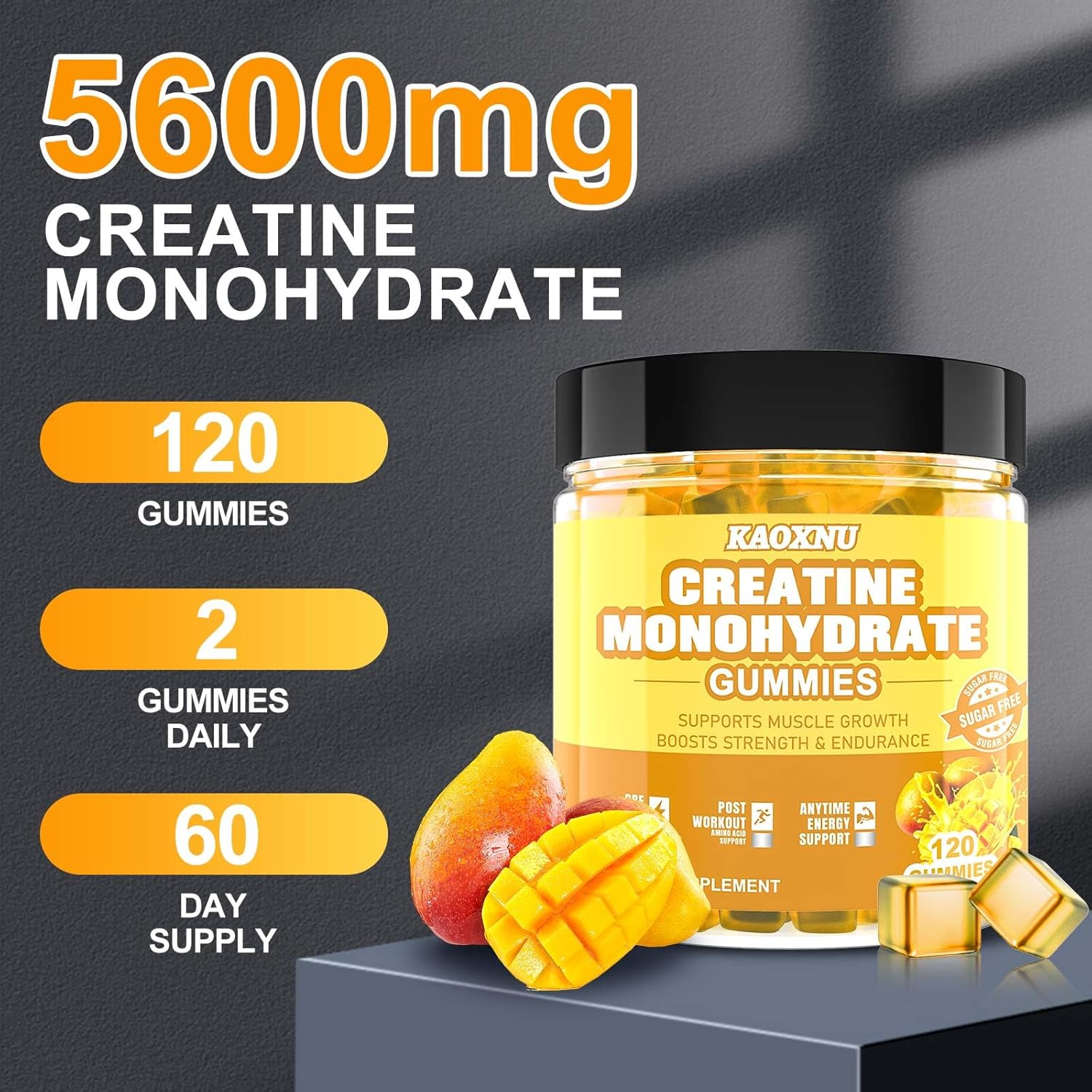 Vegan Sugar-Free Mango Creatine Gummies 5600mg - Muscle Support & Energy Boost - 120 CT Chewables for Men & Women - 5.6g Creatine Monohydrate/serving