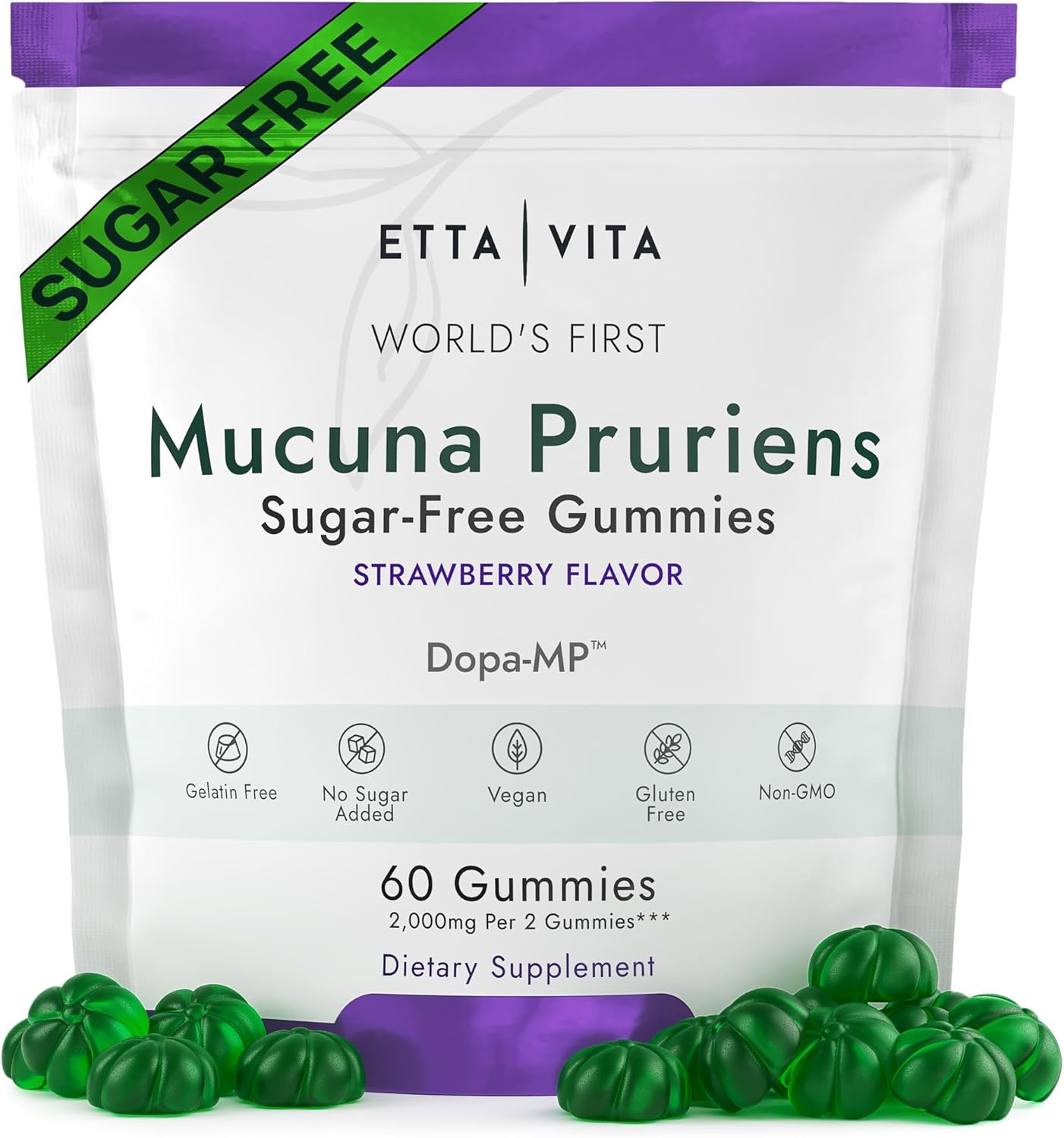 Vegan Sugar-Free Mucuna Pruriens Gummies for Energy, Focus, and Mood - Non-GMO Gluten-Free Supplement with Potent Extract - 60ct