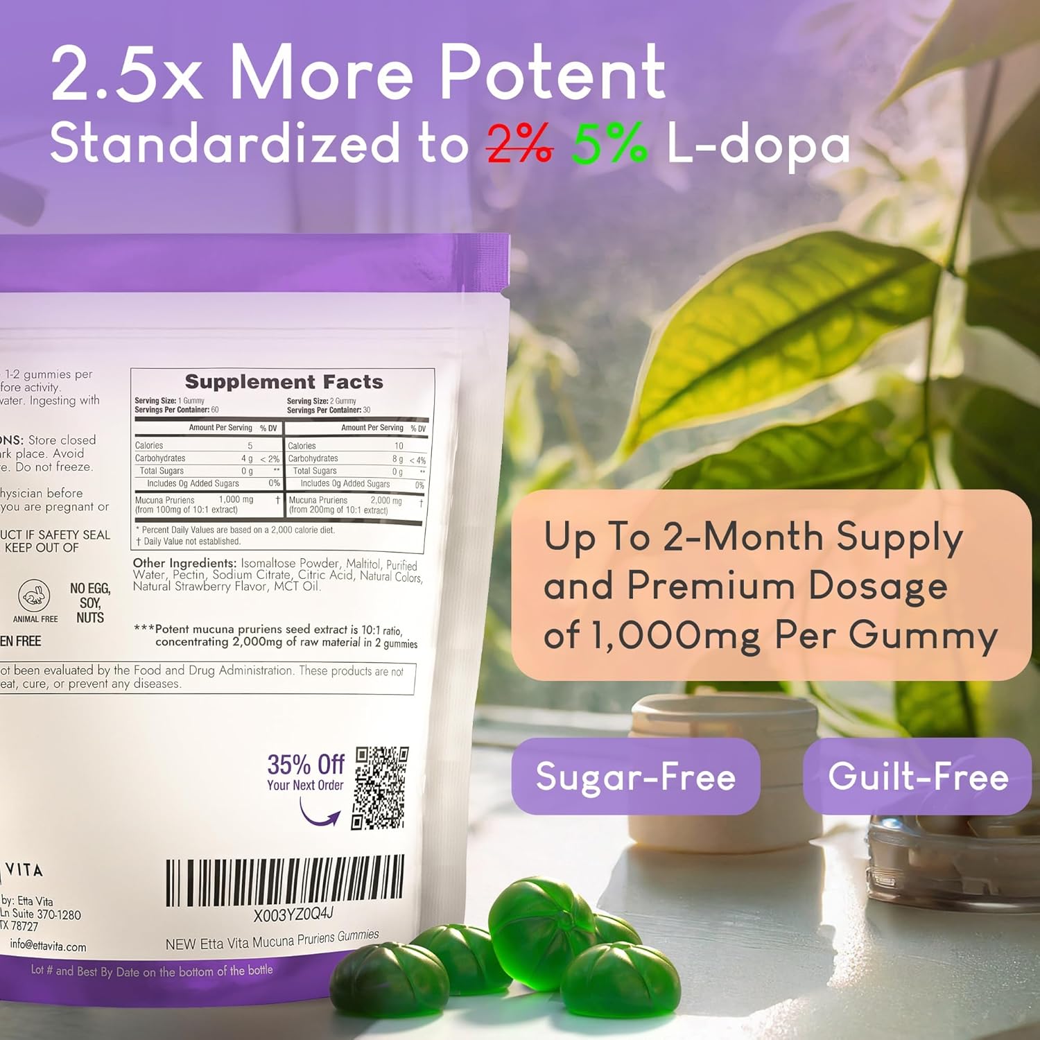 Vegan Sugar-Free Mucuna Pruriens Gummies for Energy, Focus, and Mood - Non-GMO Gluten-Free Supplement with Potent Extract - 60ct