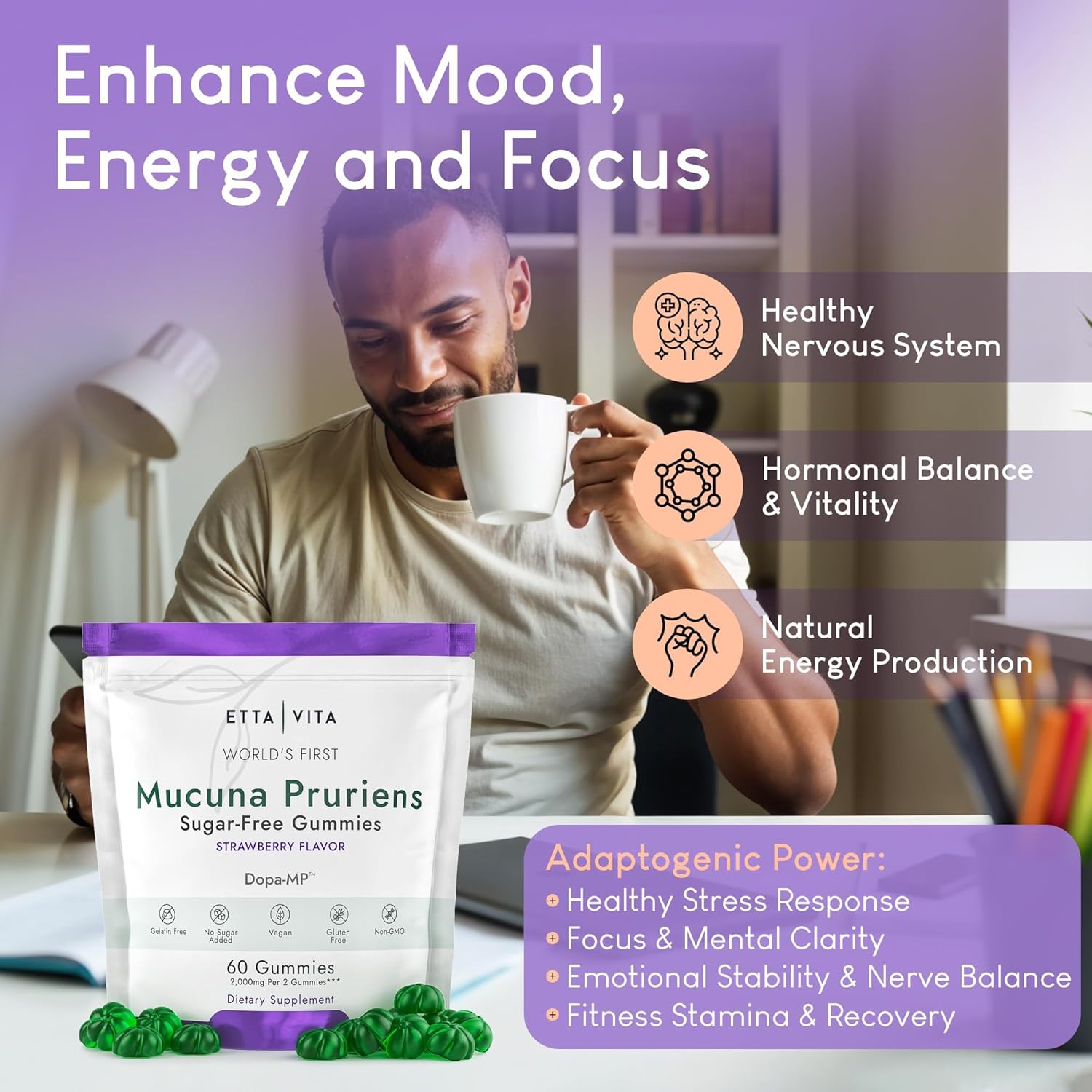 Vegan Sugar-Free Mucuna Pruriens Gummies for Energy, Focus, and Mood - Non-GMO Gluten-Free Supplement with Potent Extract - 60ct