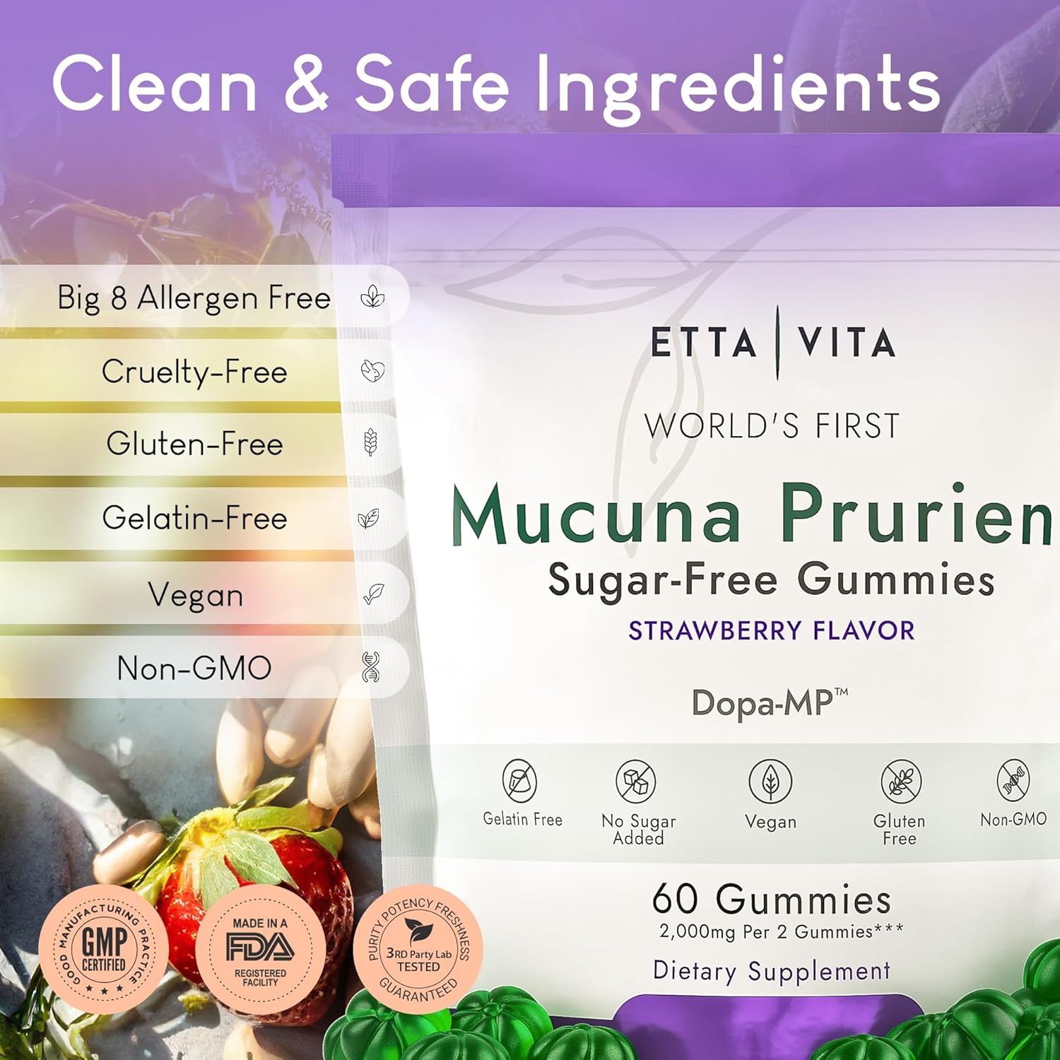 Vegan Sugar-Free Mucuna Pruriens Gummies for Energy, Focus, and Mood - Non-GMO Gluten-Free Supplement with Potent Extract - 60ct