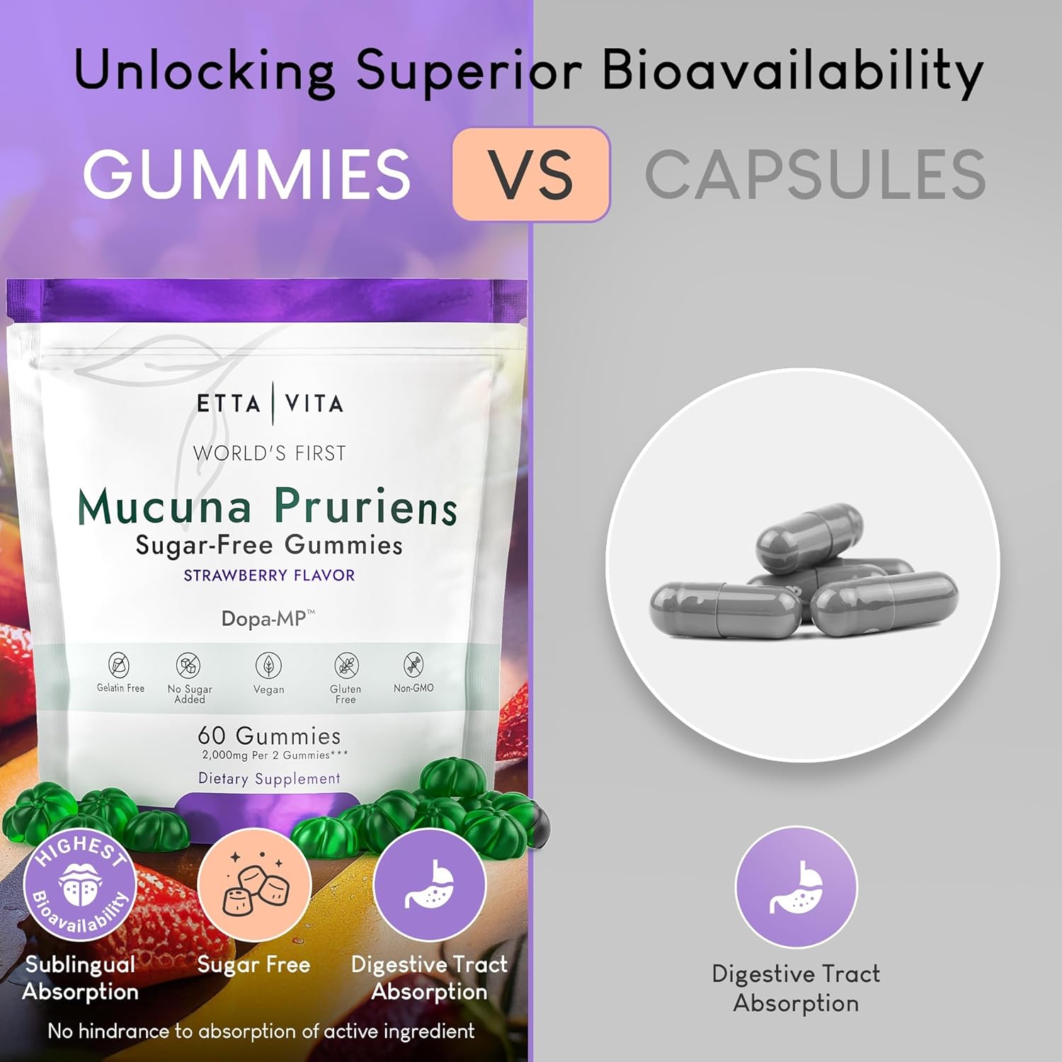 Vegan Sugar-Free Mucuna Pruriens Gummies for Energy, Focus, and Mood - Non-GMO Gluten-Free Supplement with Potent Extract - 60ct