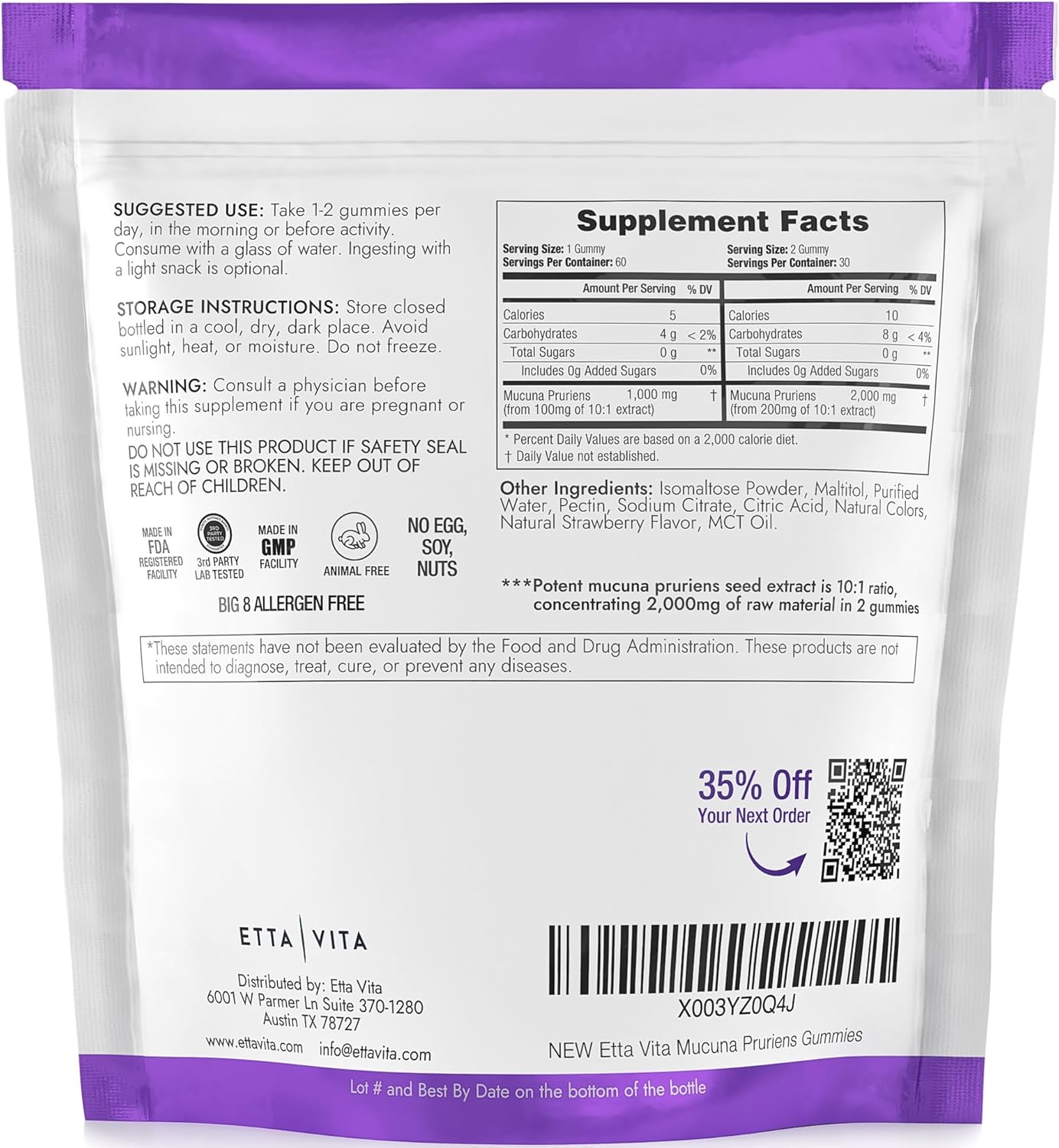 Vegan Sugar-Free Mucuna Pruriens Gummies for Energy, Focus, and Mood - Non-GMO Gluten-Free Supplement with Potent Extract - 60ct