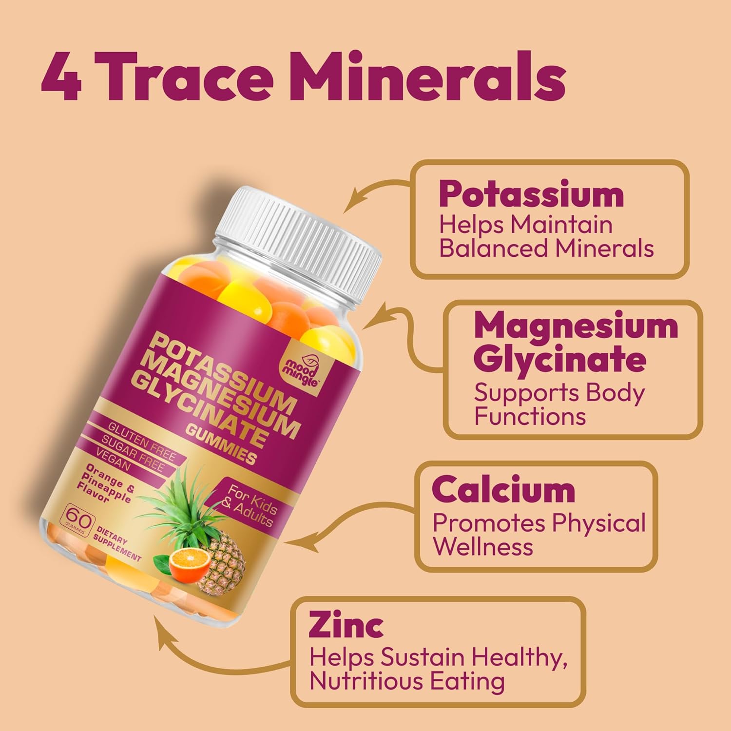 Vegan Sugar-Free Potassium Magnesium Gummies with Calcium, Vitamins, and Zinc - High Absorption Supplement for Kids & Adults