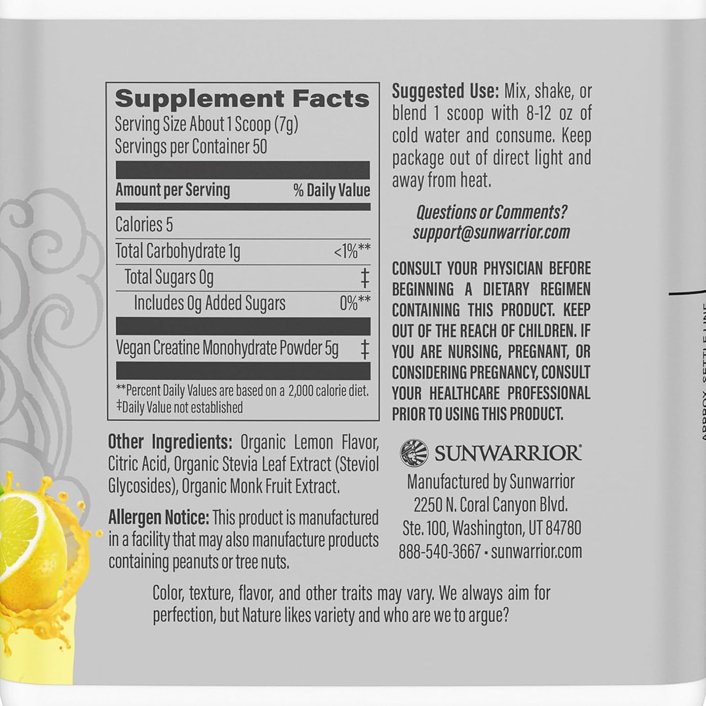 Vegan Sunwarrior Creatine Monohydrate Powder for Muscle Building & Recovery - Micronized PreWorkout Supplement (50 Servings, Lemonade Flavored)