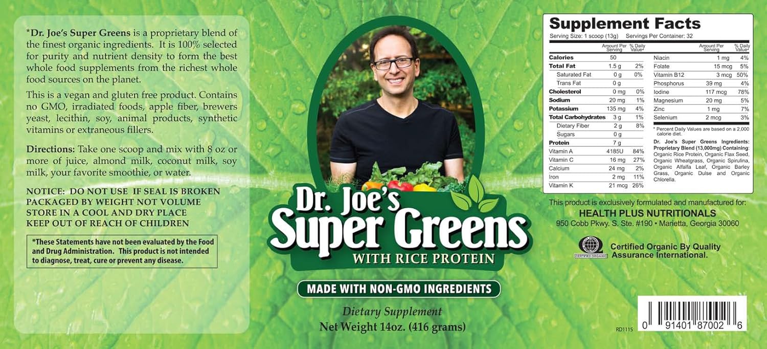 Vegan Superfood Powder with Rice Protein by Dr. Joe - Green and Nutrient-Rich Blend