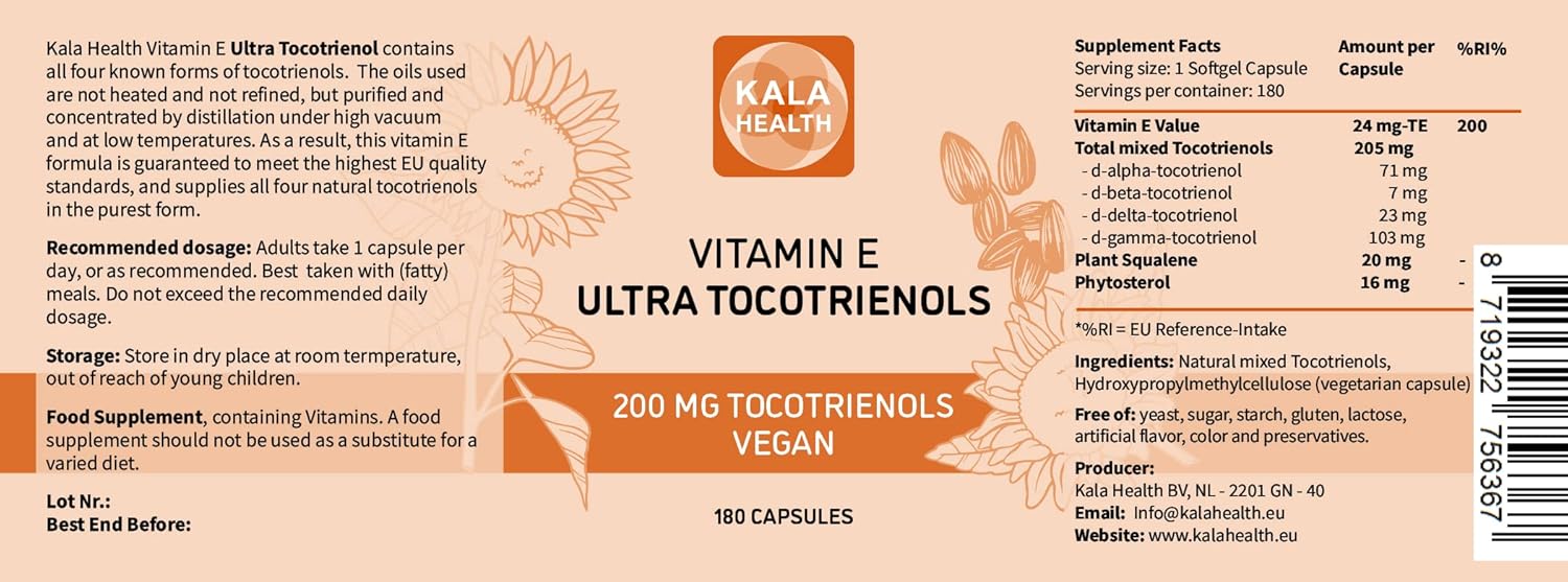 Vegan Tocotrienol Supplement with 200mg Vitamin E - Immune & Antioxidant Support - Tocopherol Free - All 4 Tocotrienols