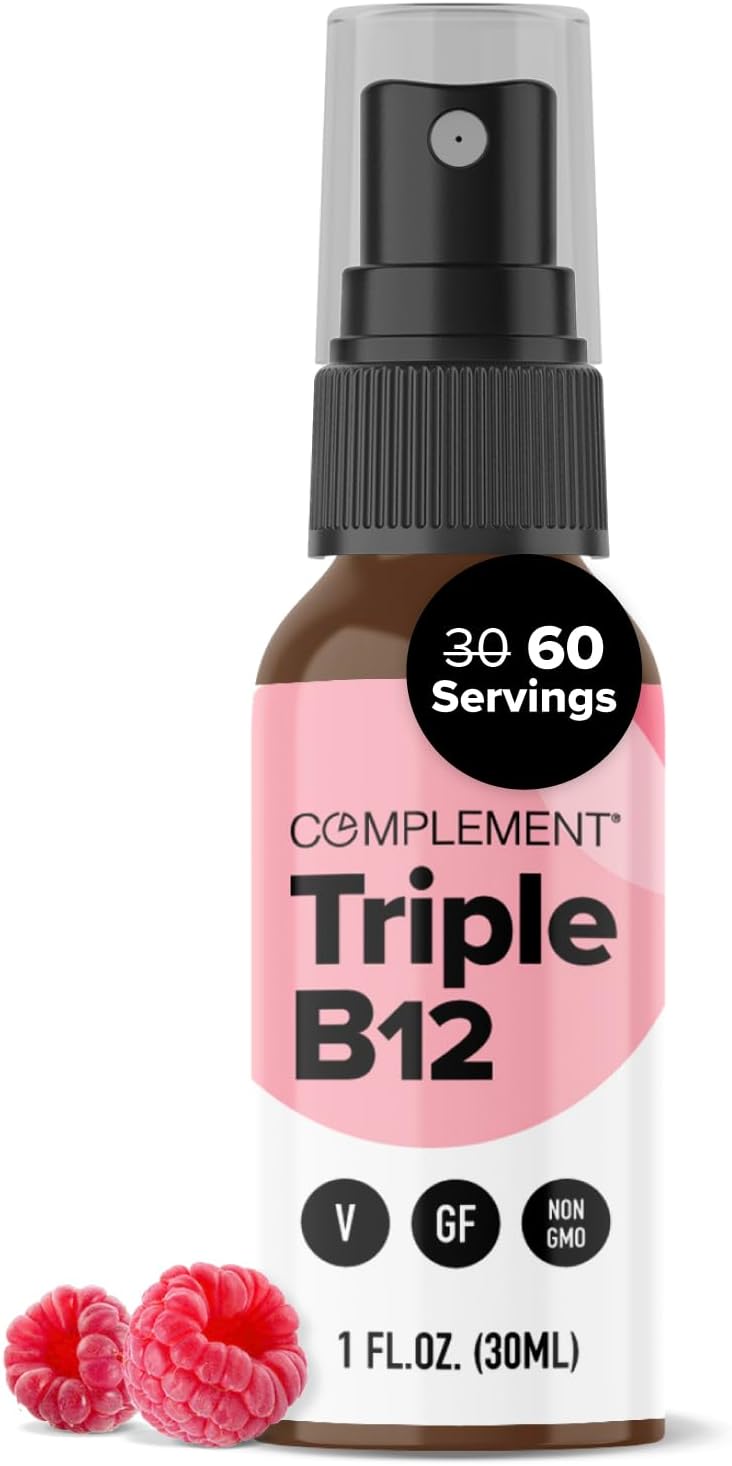 Vegan Triple B12 Liquid Spray - 1500 mcg Raspberry Flavor for Enhanced Absorption & Energy, Mood, Nervous System, Cognitive Function - 60 Servings for Kids & Adults