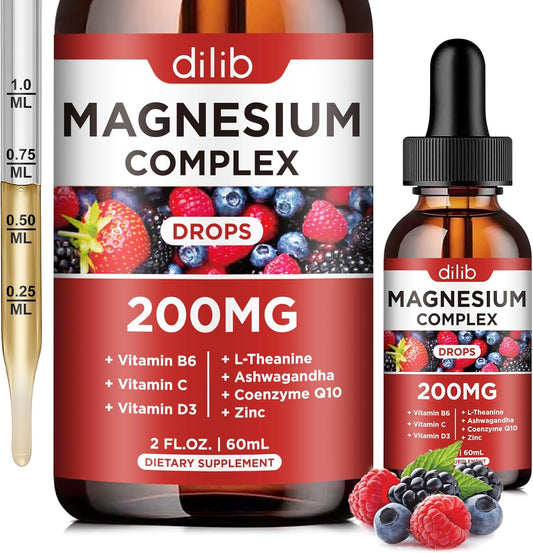 Vegan Triple Magnesium Complex Liquid Drops with Ashwagandha & CoQ10 - Berry Flavor, 200mg - Zinc, Vitamin B6, C, D - Glycinate, Threonate, Citrate Formula