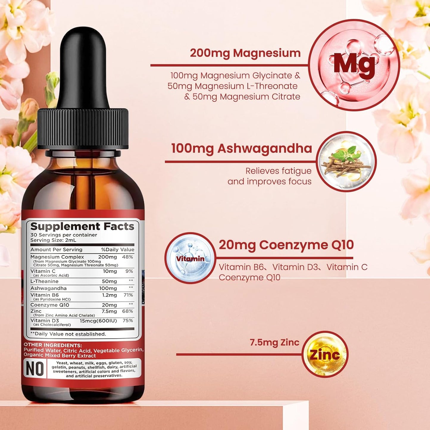 Vegan Triple Magnesium Complex Liquid Drops with Ashwagandha & CoQ10 - Berry Flavor, 200mg - Zinc, Vitamin B6, C, D - Glycinate, Threonate, Citrate Formula