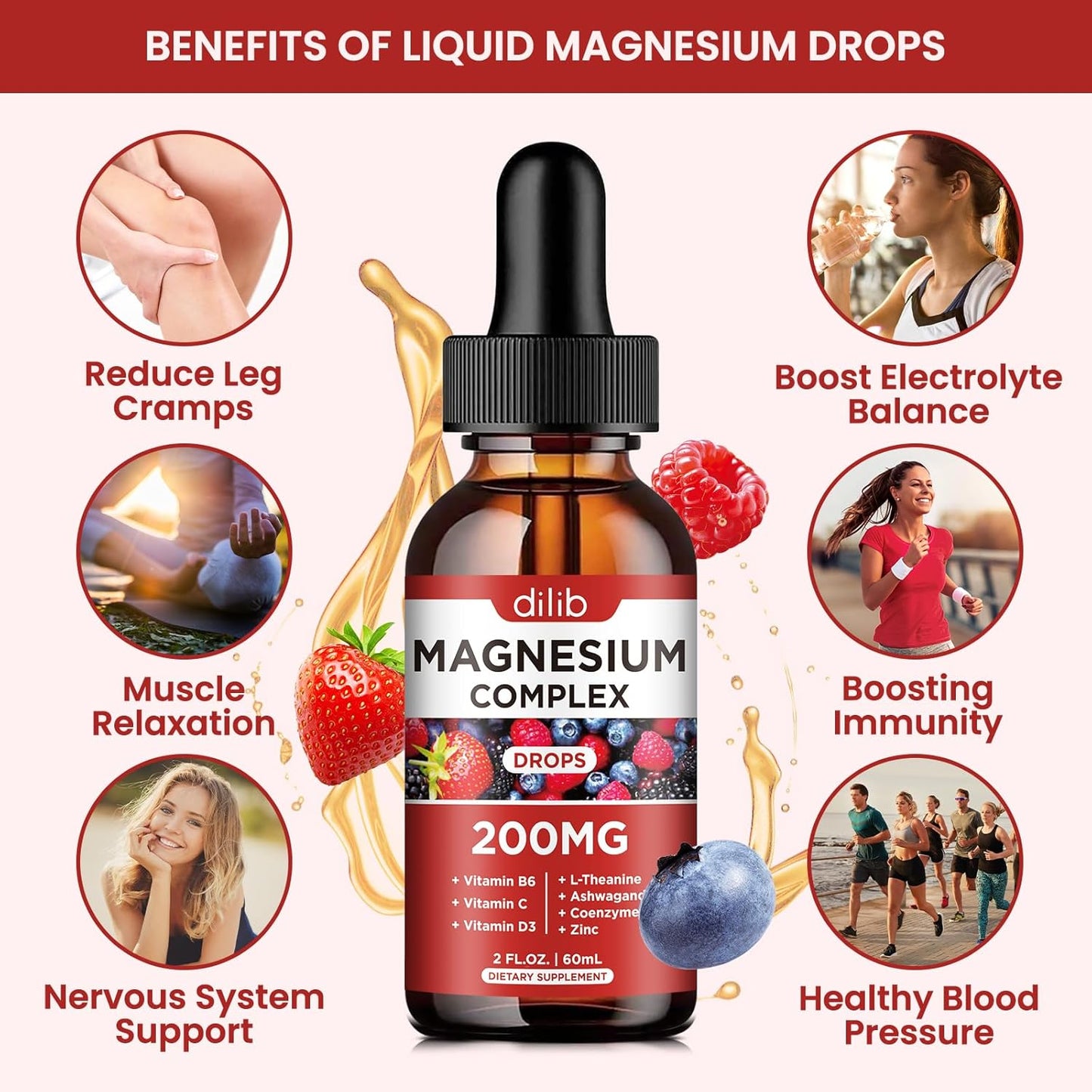 Vegan Triple Magnesium Complex Liquid Drops with Ashwagandha & CoQ10 - Berry Flavor, 200mg - Zinc, Vitamin B6, C, D - Glycinate, Threonate, Citrate Formula