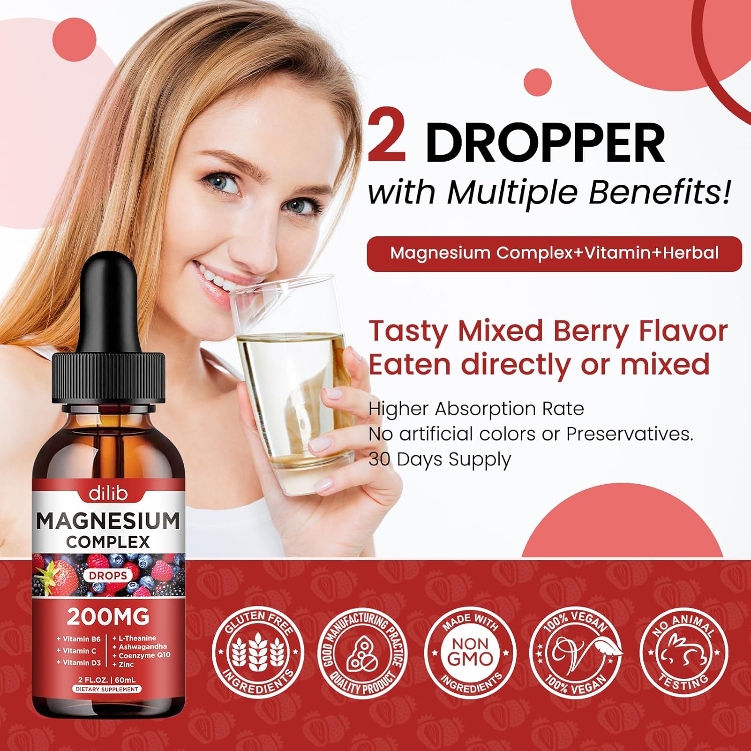 Vegan Triple Magnesium Complex Liquid Drops with Ashwagandha & CoQ10 - Berry Flavor, 200mg - Zinc, Vitamin B6, C, D - Glycinate, Threonate, Citrate Formula