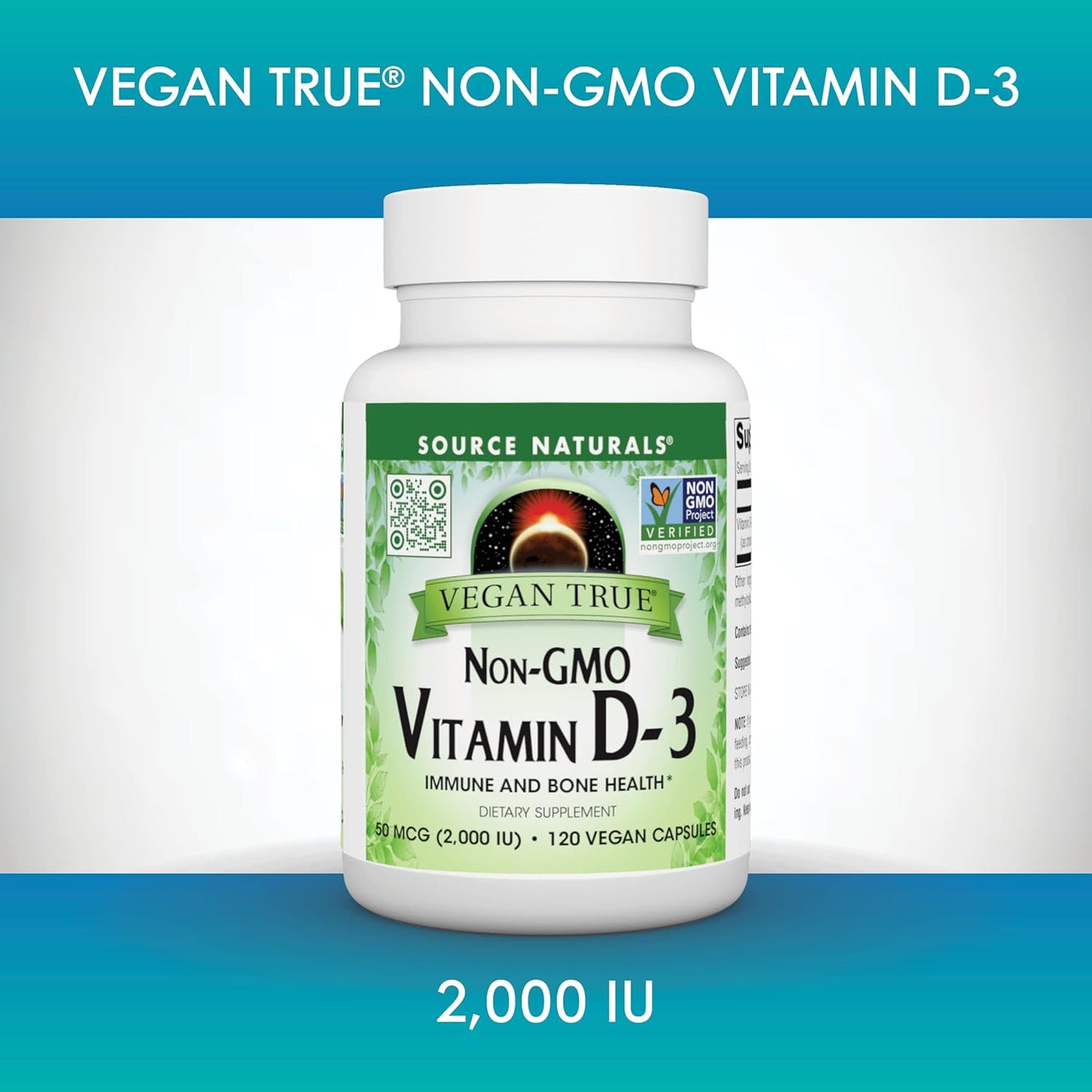 Vegan True Vitamin D-3 2000 IU Capsules for Immune and Bone Health - Non-GMO Formula by Source Naturals