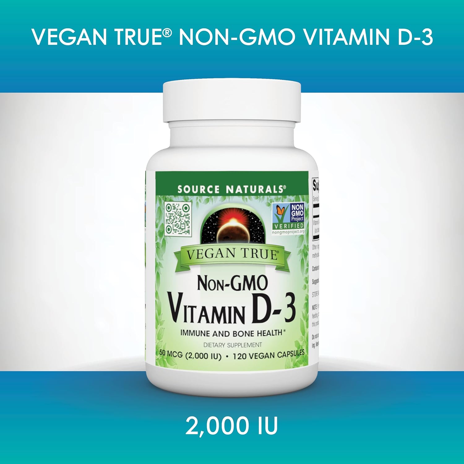 Vegan True Vitamin D-3 2000 IU Capsules for Immune and Bone Health - Non-GMO Formula by Source Naturals
